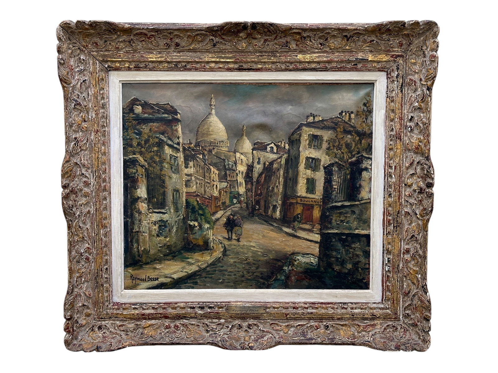 Signed Raymond Besse "Rue Norvins" Oil on Canvas Painting: Signed Raymond Besse "Rue Norvins" Oil on Canvas Painting. Artist signed on the bottom left corner of painting and signed on the back of the painting. Painting measures 21" x 17.75". Frame measures 30