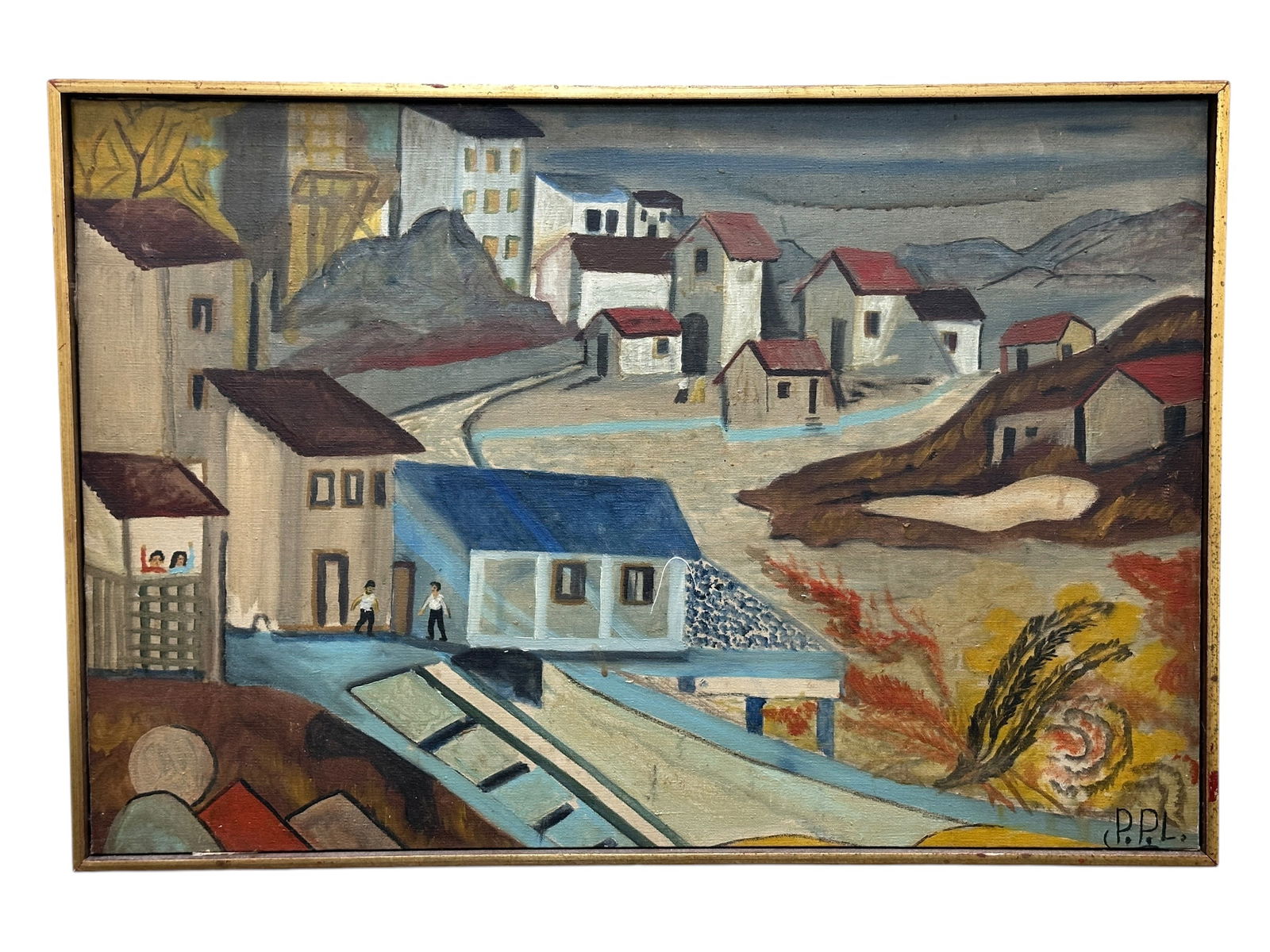 Signed Oil on Canvas Mid Century Village Painting (1 of 5)