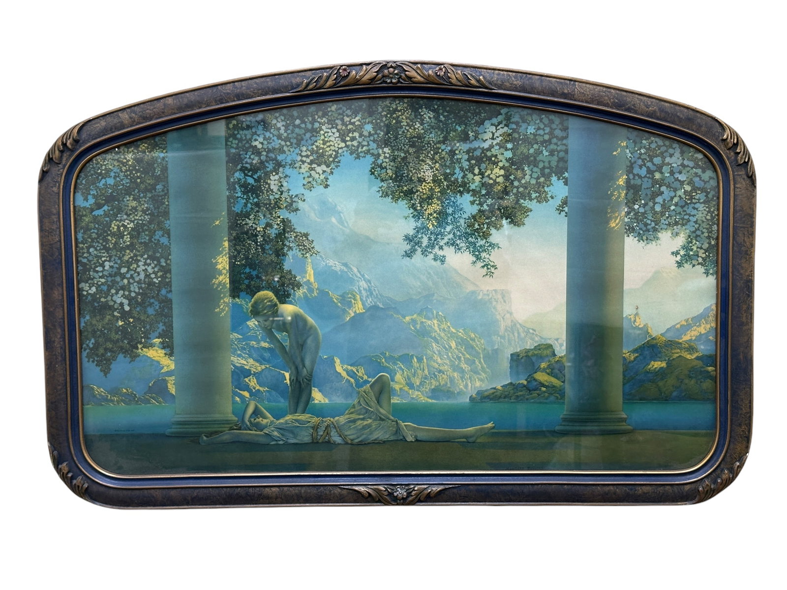 Framed Maxfield Parrish "Daybreak" Print: Framed Maxfield Parrish "Daybreak" Print. Print measures 29.25" x 17.25". Frame measures 32.5" x 23.75".