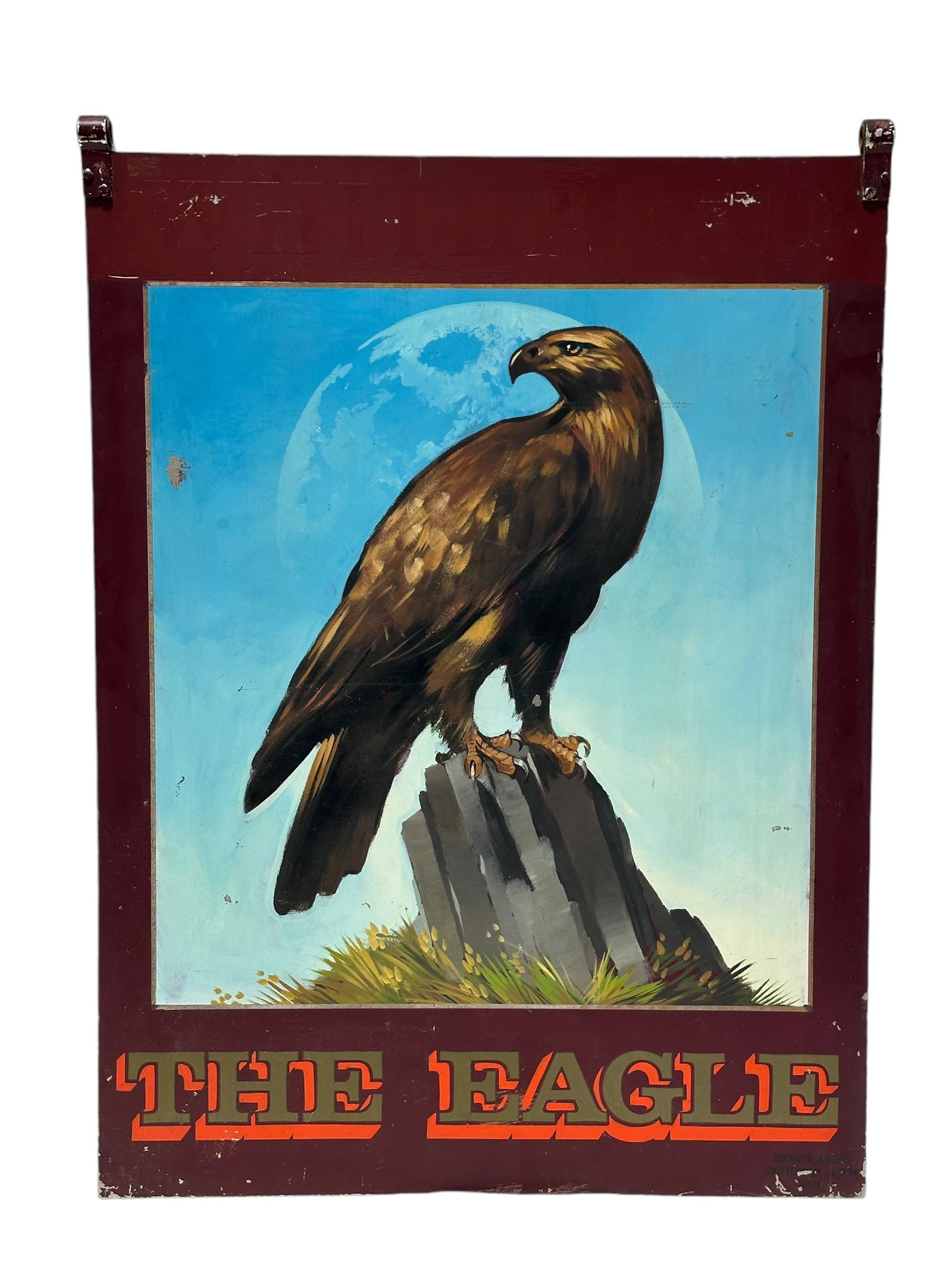 Signed RARE 1986 2-Sided Whitbread "The Eagle" Pub Sign: Signed RARE 1986 2-Sided Whitbread "The Eagle" Pub Sign. Originally painting made by Nicholas Robertson but this sign was made in Whitbread Artists Department or Brewery Artists Studio by Cheltenman i