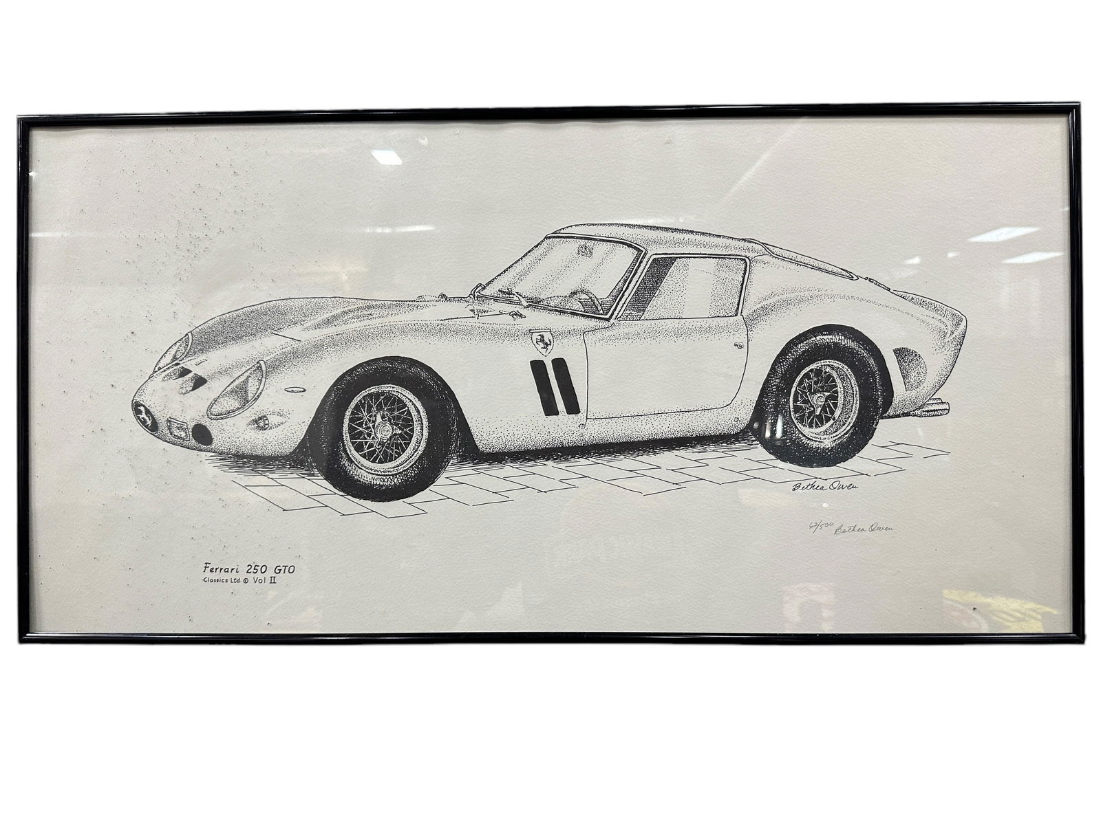 Ferrari 250 GTO Print by Bethea Owen: Ferrari 250 GTO Print by Bethea Owen. Pencil signed and numbered 62 of 500. Print measures 29.5" x 14.5". Frame measures 30.25" x 15.25".