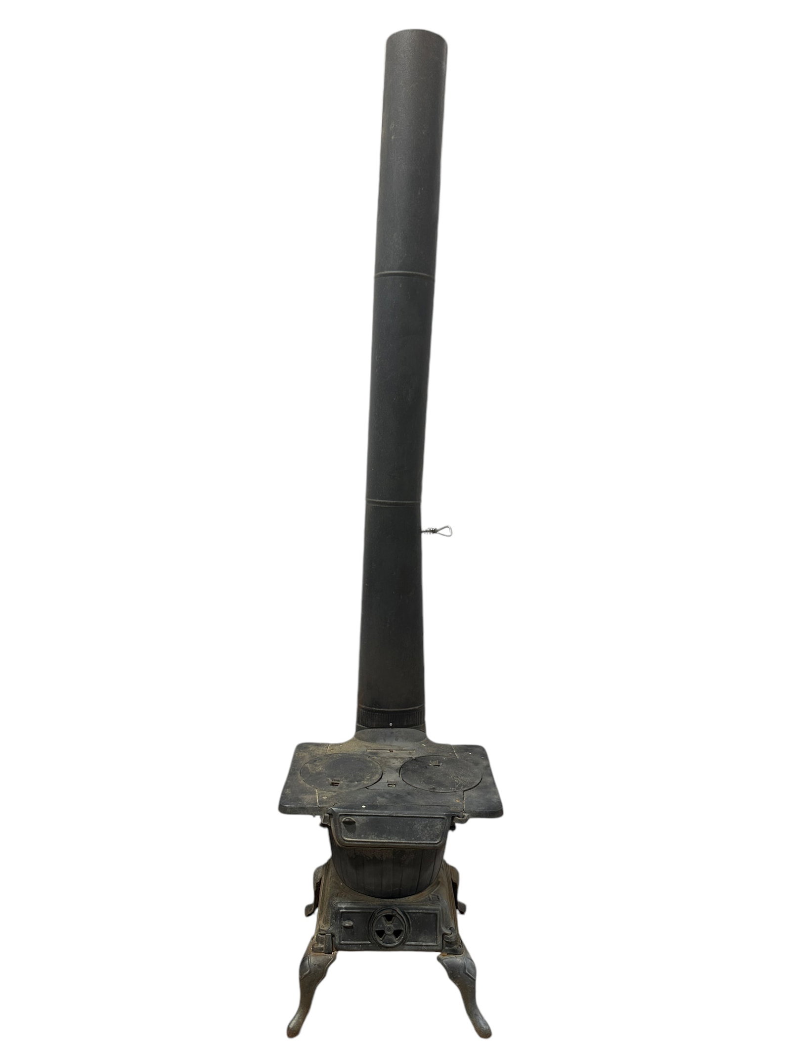 Antique Cast Iron Stove w/ Chimney: Antique Cast Iron Stove w/ Chimney. Measures 21" H x 20" W x 18.5" D & has 3 sections of chimney.