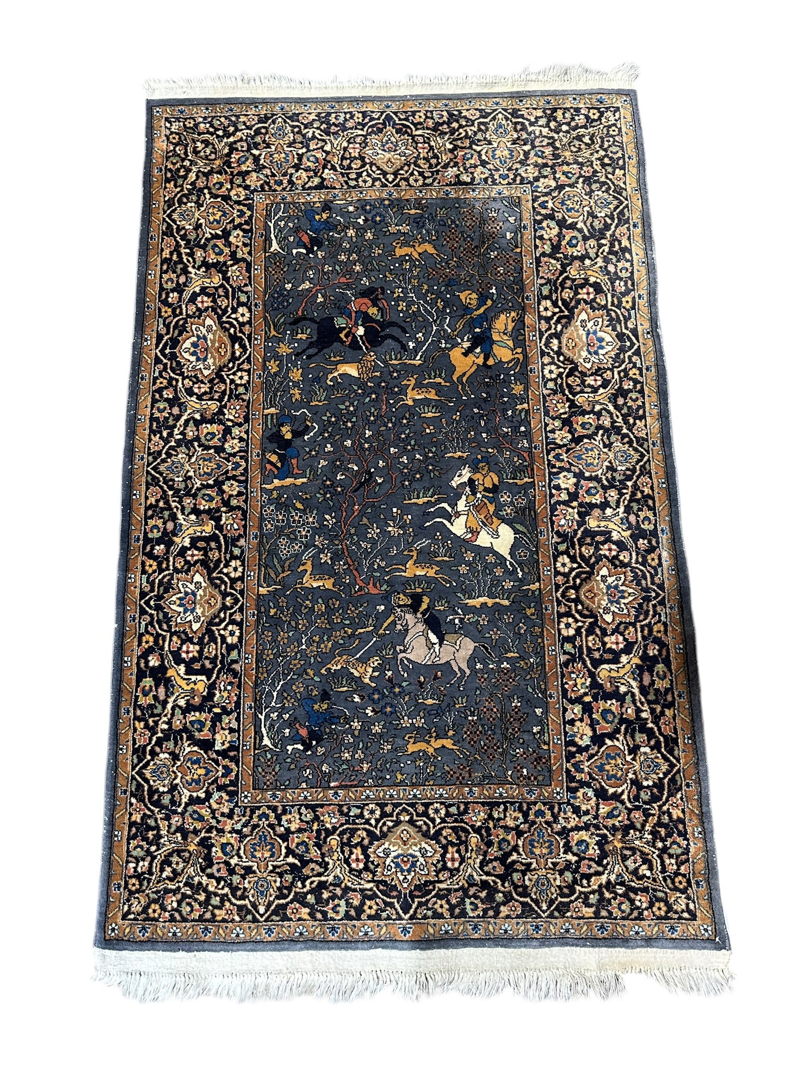 Persian Pictorial Blue Rug: Persian Pictorial Blue Rug. Measures 5' x 3'.