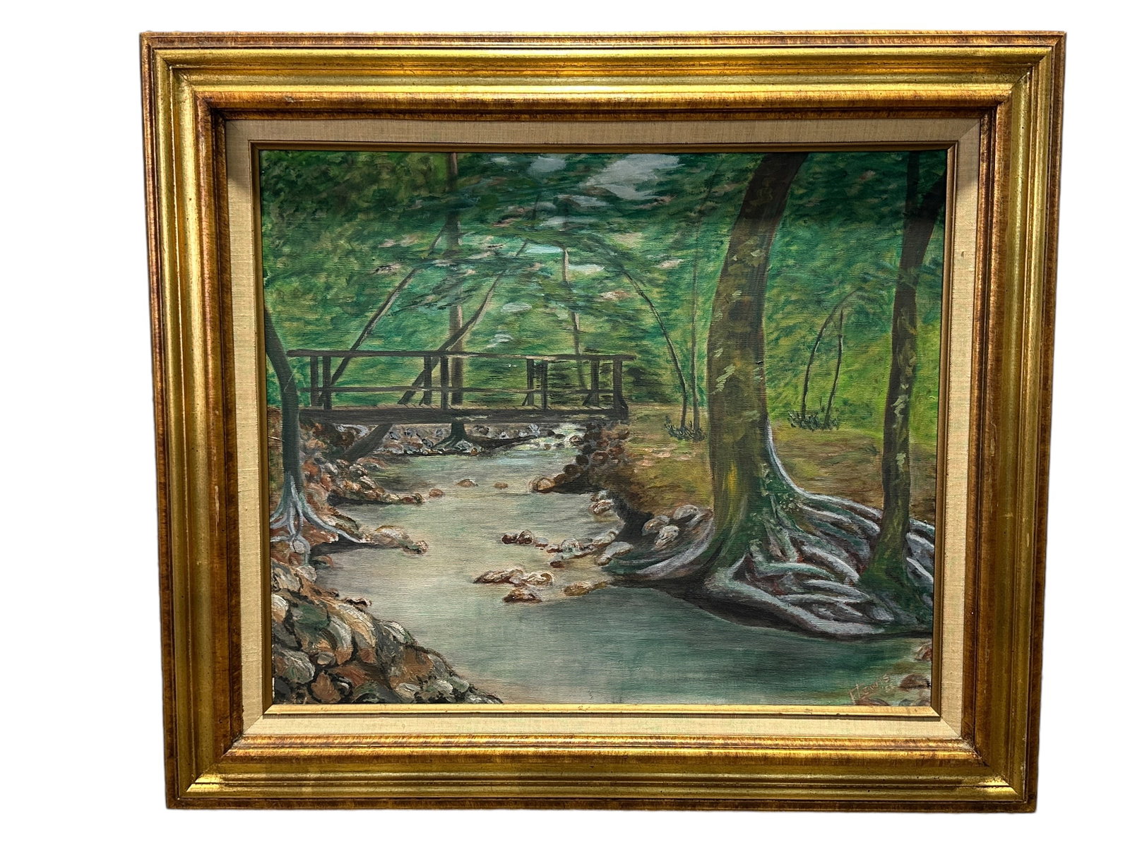 Signed F. Lewis Oil on Canvas River and Forest Painting (1 of 7)