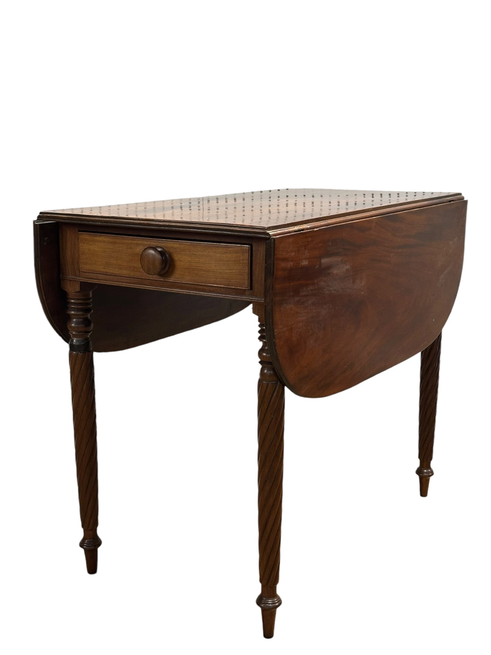 Antique Flame Mahogany Drop Leaf Table w/ Drawer: Antique Flame Mahogany Drop Leaf Table w/ Drawer. Barley twist legs. Measures 29.25" H x 20.5" W x 35.25" D. Table Top measures 43.5" W x 35.25" D with leaves up.