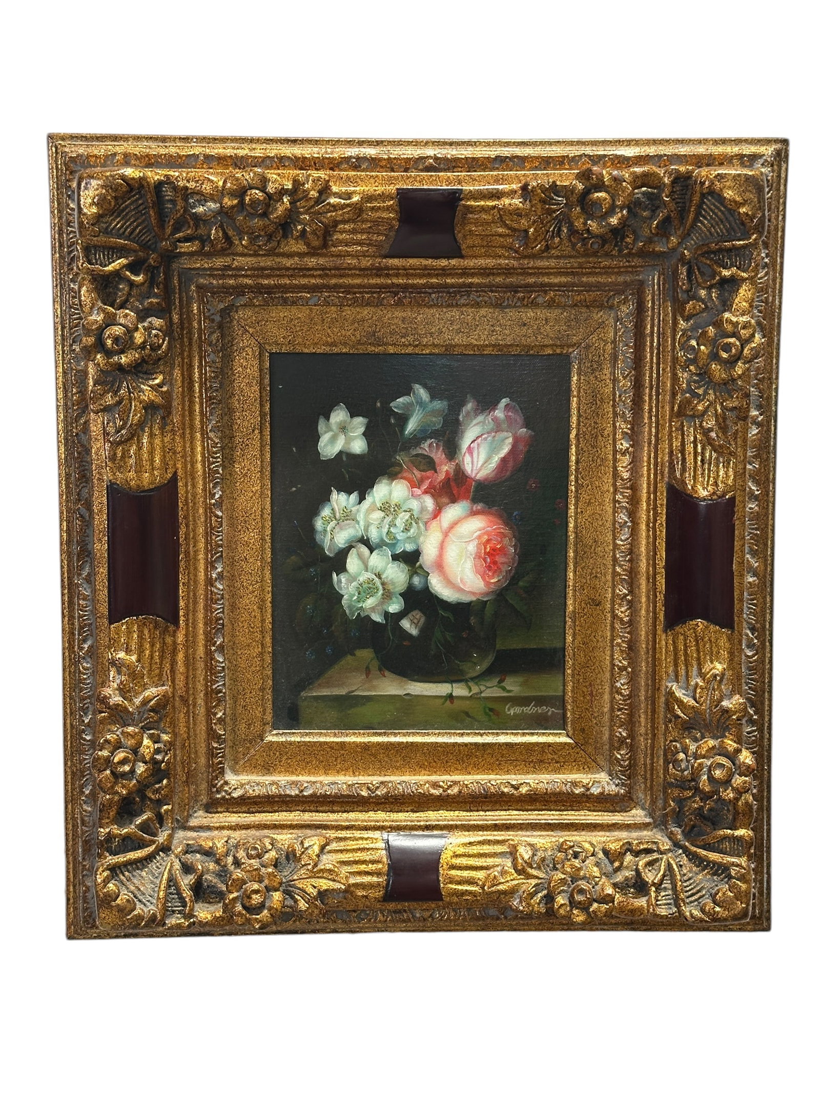 Signed Gardner Oil on Canvas Still Life Painting: Signed Gardner Oil on Canvas Still Life Painting. Signed in the bottom right corner. Painting measures 9" x 7". Frame measures 19" x 17".