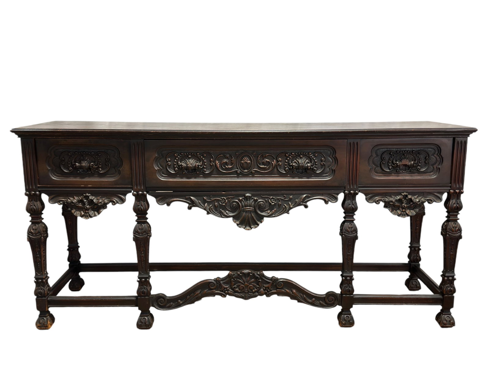 Mahogany Wood Carved Sideboard: Mahogany Wood Carved Sideboard. Measures 35.5" H x 76" W x 20" D.
