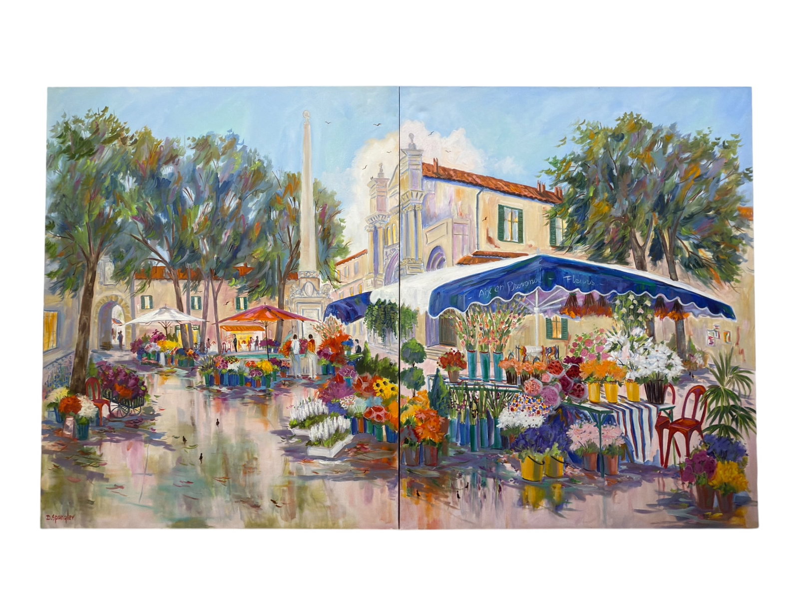 Signed Oil on Canvas "Saturday Market in Provence" Painting: Signed Oil on Canvas "Saturday Market in Provence" Painting. Painting is double panel. Signed D. Spangler in the bottom left corner of first panel. No Frame. Each panel measures 48" x 60".