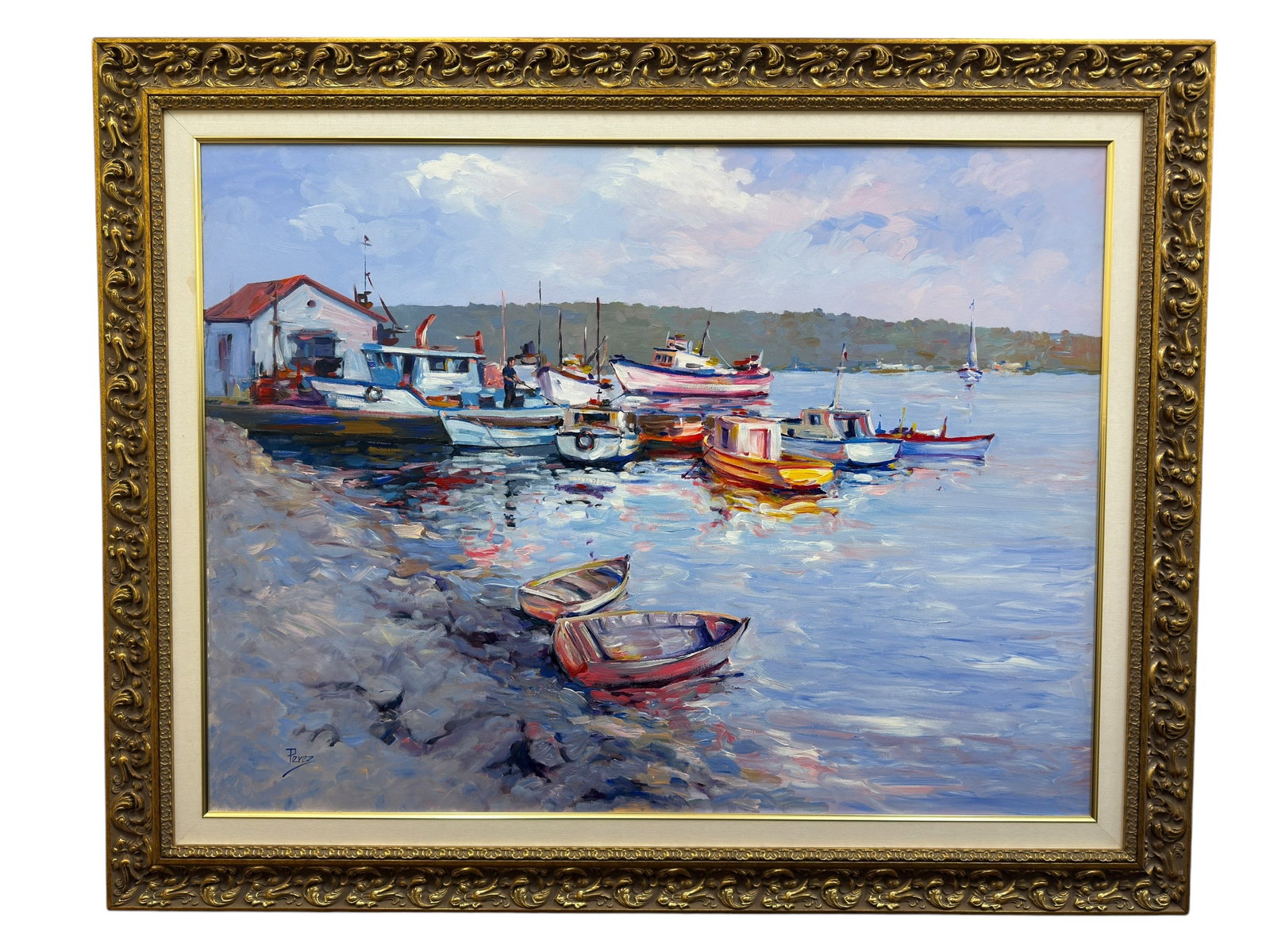 Signed Acrylic on Canvas "Pier in Castro Chiloe Island" Painting: Signed Acrylic on Canvas "Pier in Castro Chiloe Island" Painting. Signed Perez in the bottom left corner. Pier south of Chile. Painting measures 47.5" x 25.5". Frame measures 58.5" x 46.5".