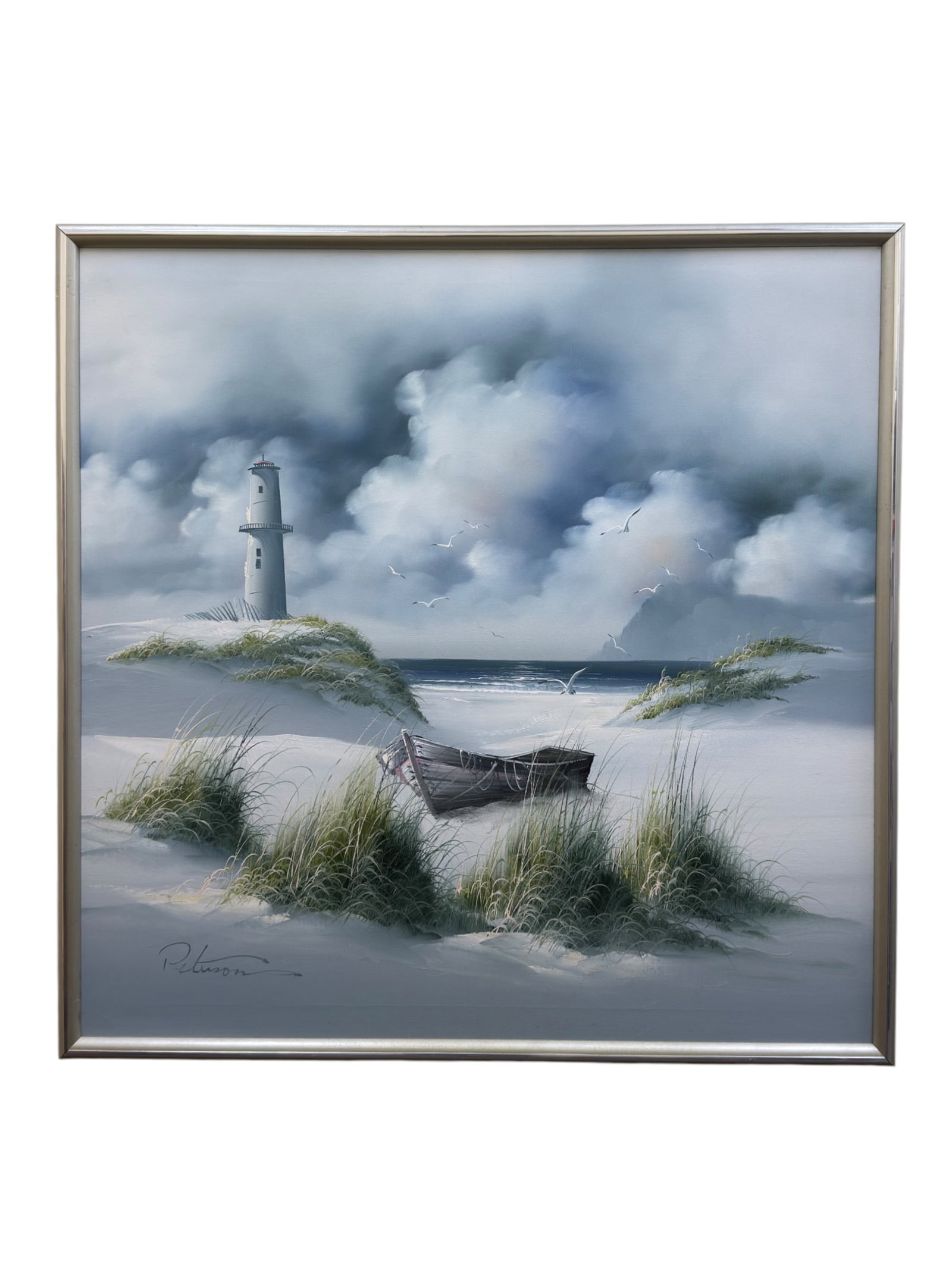 Signed Peterson Oil on Canvas Lighthouse & Beach Painting: Signed Peterson Oil on Canvas Lighthouse & Beach Painting. Signed in the bottom left corner. Painting measures 35.75" x 35.75". Frame measures 38" x 38".