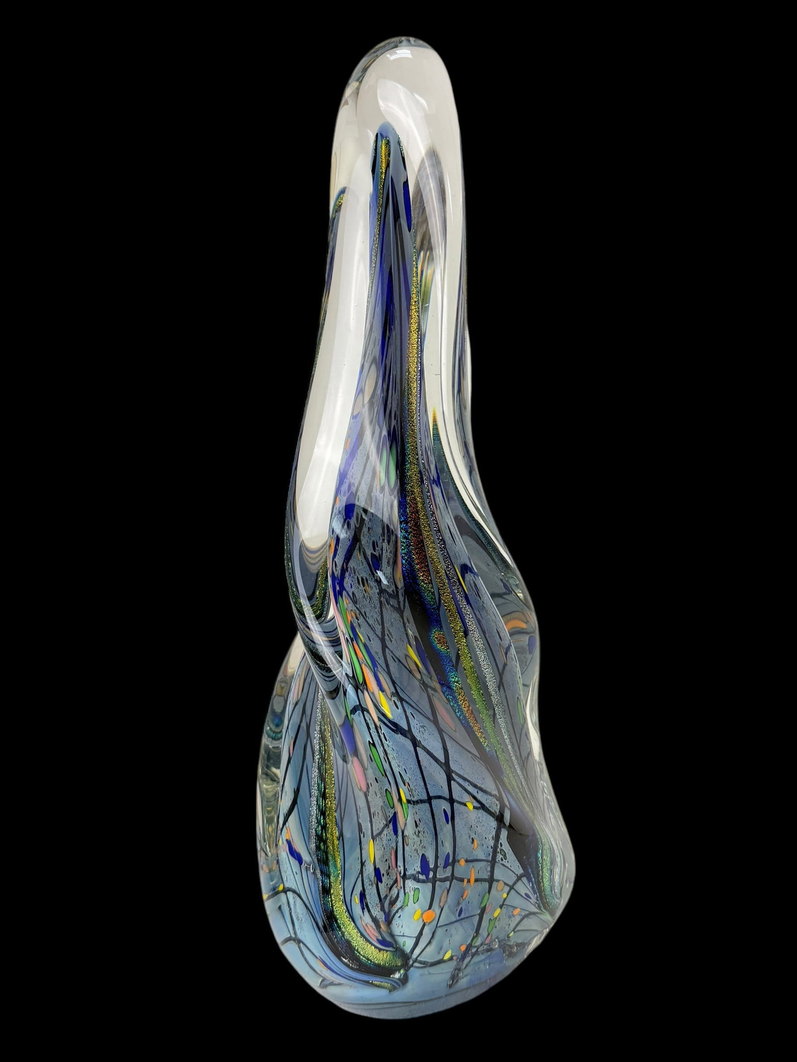 Signed 2002 Rollin Karg Dichroic Twist Art Glass Sculpture: Signed 2002 Rollin Karg Dichroic Twist Art Glass Sculpture. Signed on the bottom edge of sculpture. Measures 15.75" Tall.