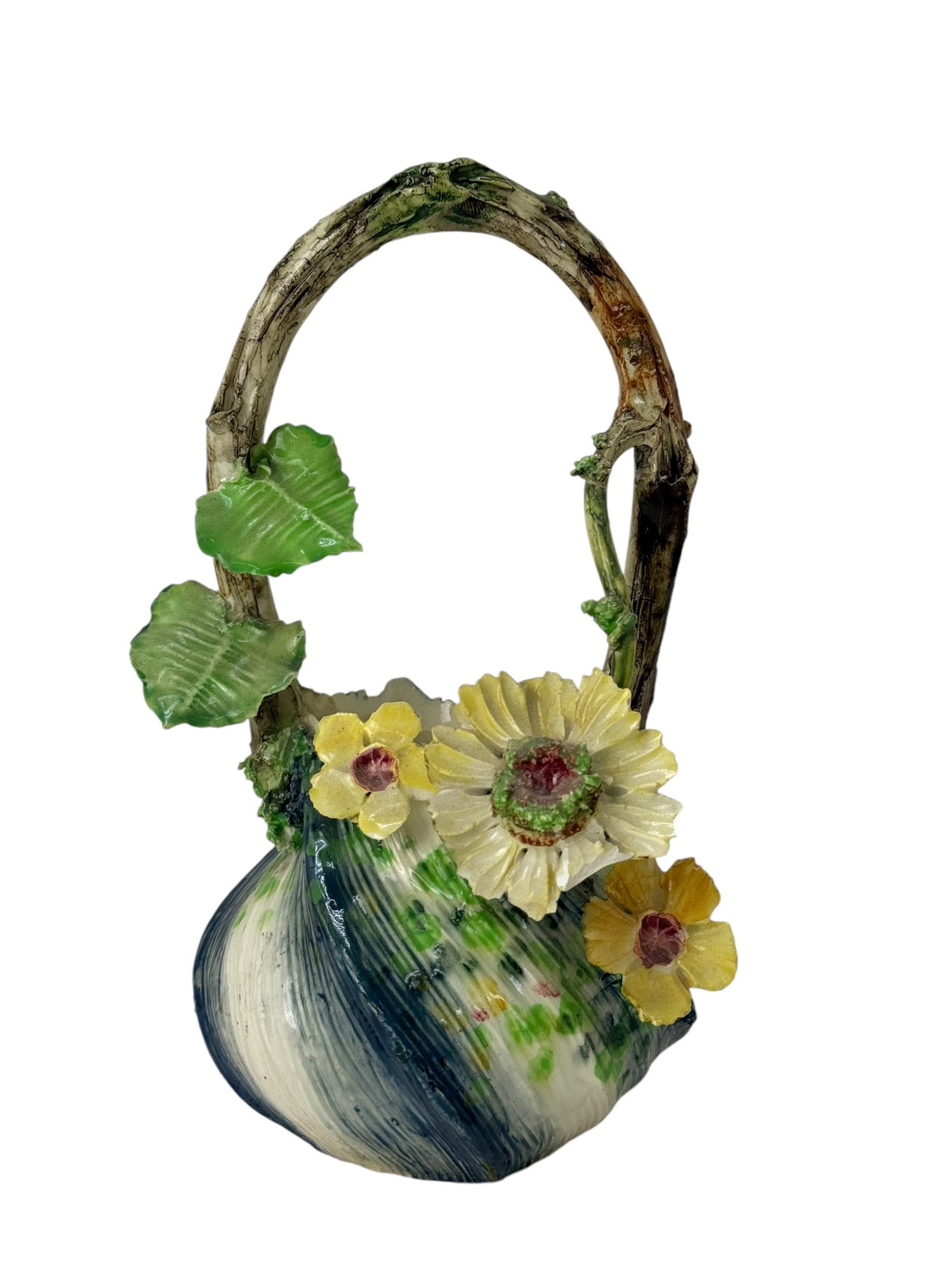 Mid 19th C. Floral French Majolica Barbotine Basket: Mid 19th C. Floral French Majolica Barbotine Basket. Measures 8.75" Tall.