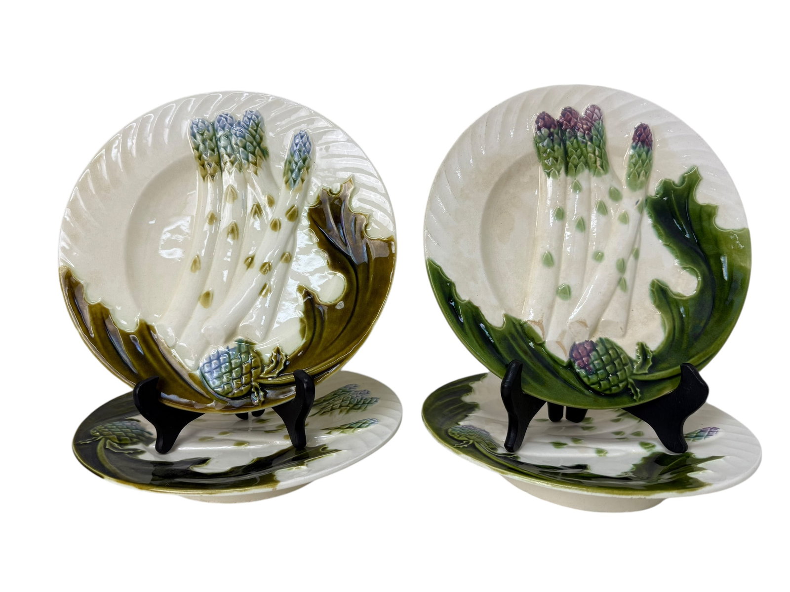 4 Antique French Majolica Asparagus & Artichoke Plates: 4 Antique French Majolica Asparagus & Artichoke Plates. Plates marked Salins on the bottom. Each plate measures 9" diameter.
