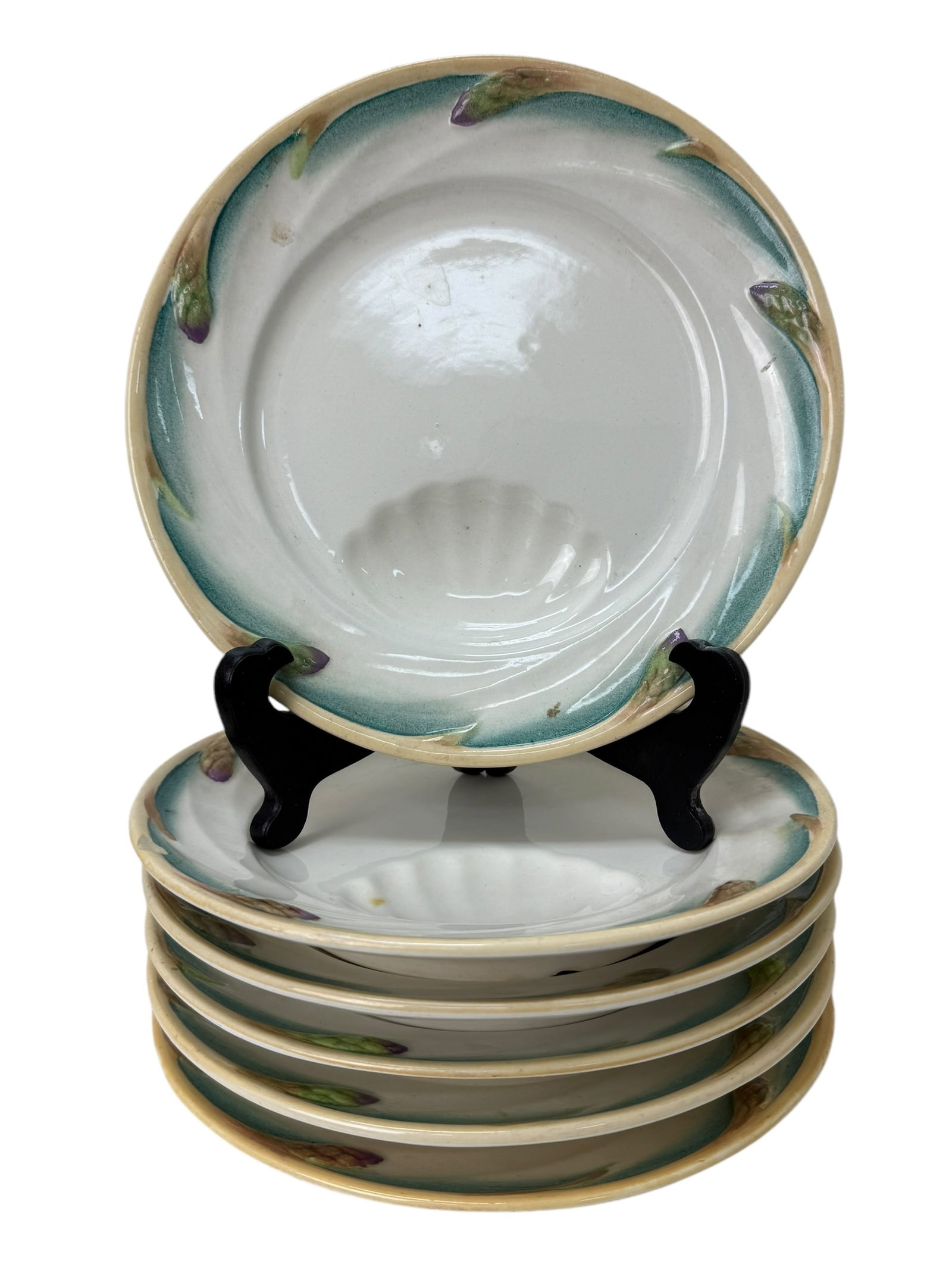 Set of 6 Faience Sarraguemines French Oyster Plates: Set of 6 Faience Sarraguemines French Oyster Plates. Oyster seafood cockquilles porcelain plates. Marked Sarraguemines on the bottom. Also, marked F 235 & 2987 on the bottom of each plate. Plates meas