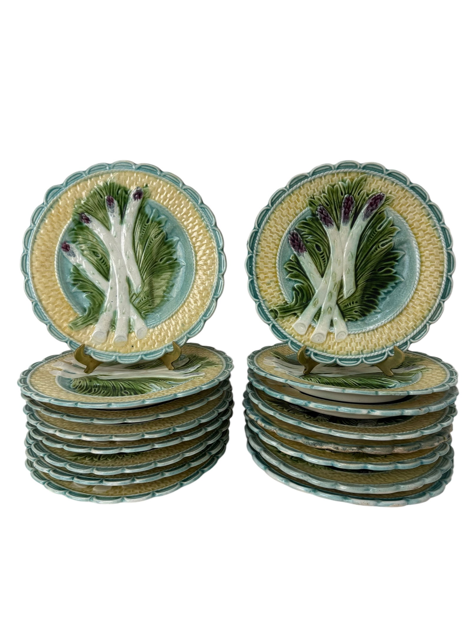 Set of 16 Antique French Salins Majolica Asparagus Plates: Set of 16 Antique French Salins Majolica Asparagus Plates. Plates measure 9.5" Diameter.