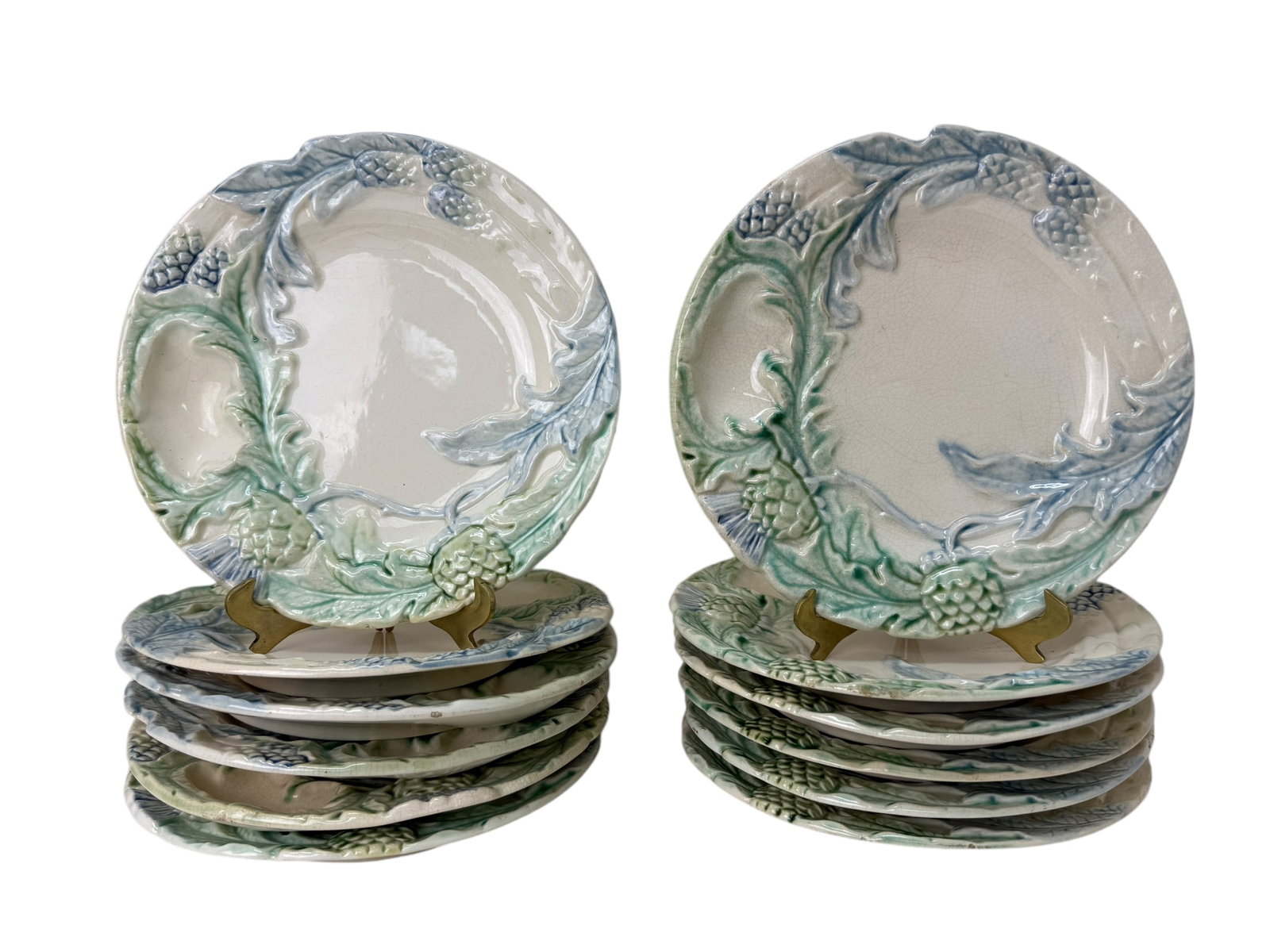 Set of 12 Antique French Majolica Asparagus & Artichoke Plates: Set of 12 Antique French Majolica Asparagus & Artichoke Plates. Measures 9.5" Diameter.
