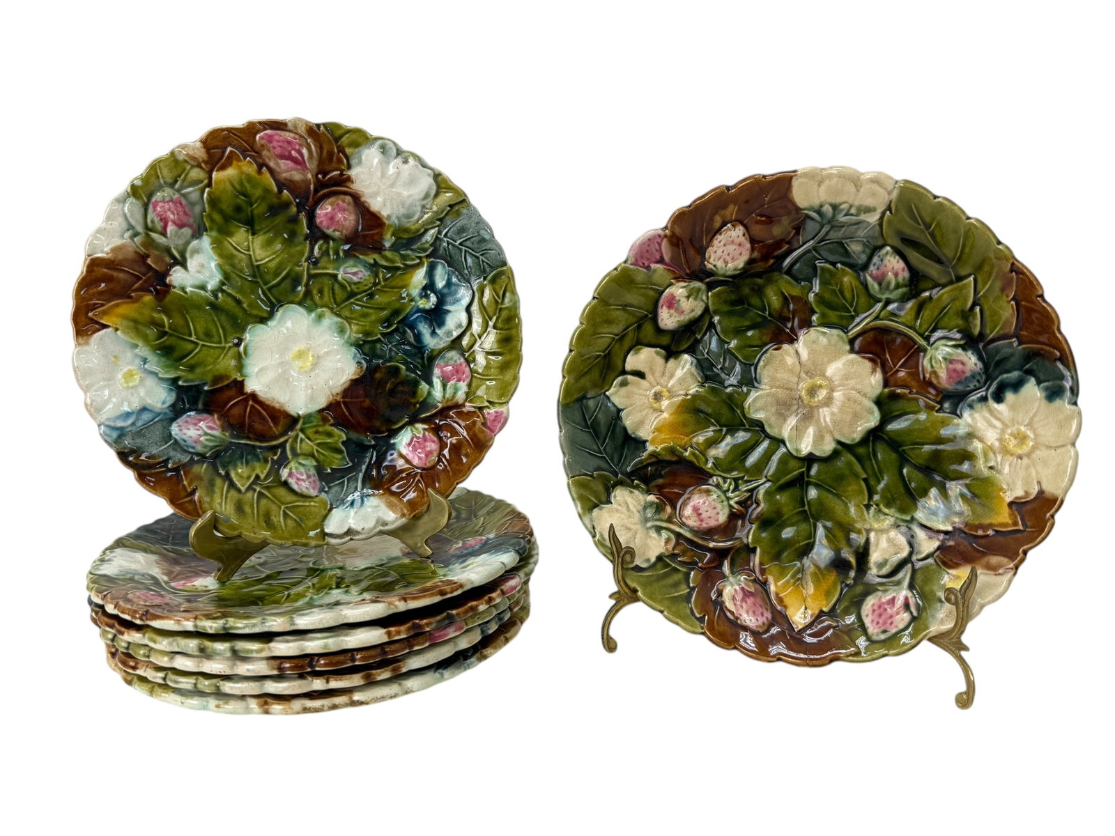 Set of 7 Early 19th C. Orchies Barbotine French Majolica pieces: Set of 7 Early 19th C. Orchies Barbotine French Majolica Pieces. Stack of 6 plates measure 8.5" Diameter. Single Bowl measures 9.75" Diameter.