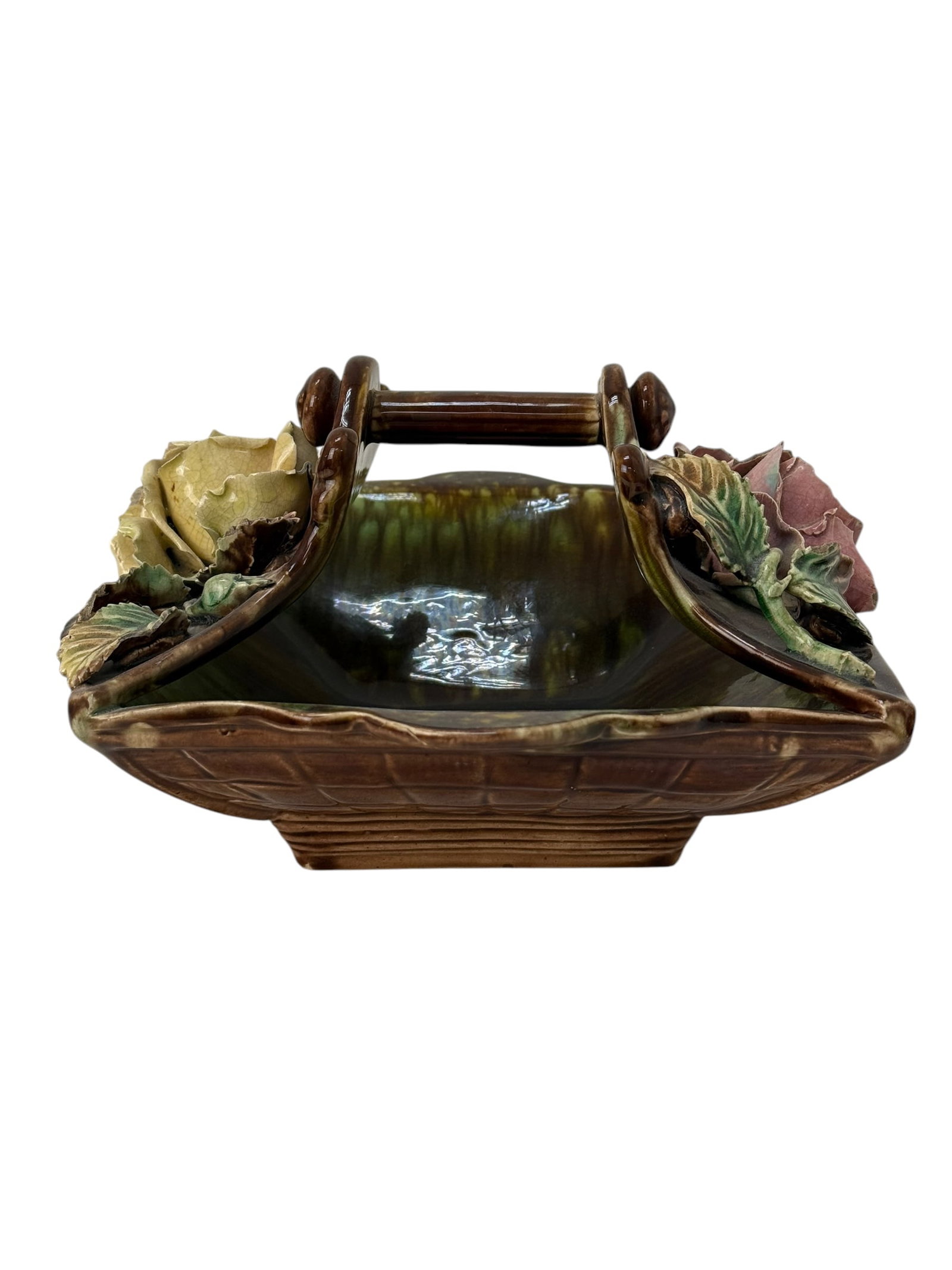 Antique Majolica Flower Basket: Antique Majolica Flower Basket. Measures 5.25" H x 10" W x 8" D.
