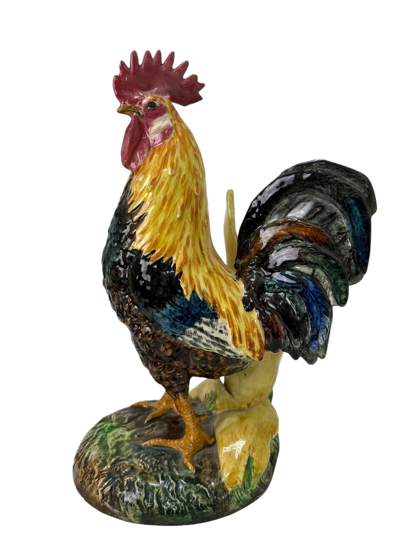 Delphine Massier French Majolica Rooster Vase: Delphine Massier French Majolica Rooster Vase. Marked Delphine Massier Vallauris (A.M.) on the bottom. Measures 12.75" Tall.