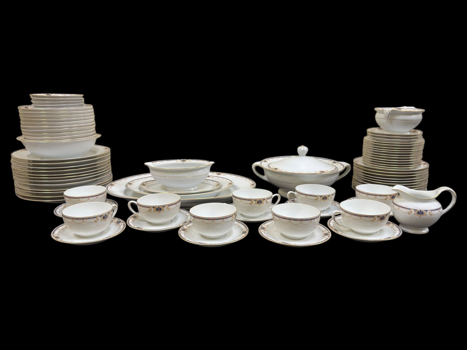 77Pc Royal Bayreuth Bavaria China Set: 77Pc Royal Bayreuth Bavaria China Set. ROB44 Pattern, Blue Edge, Tan Swags & Pink Flowers. Royal Bayreuth stamp on the bottom.