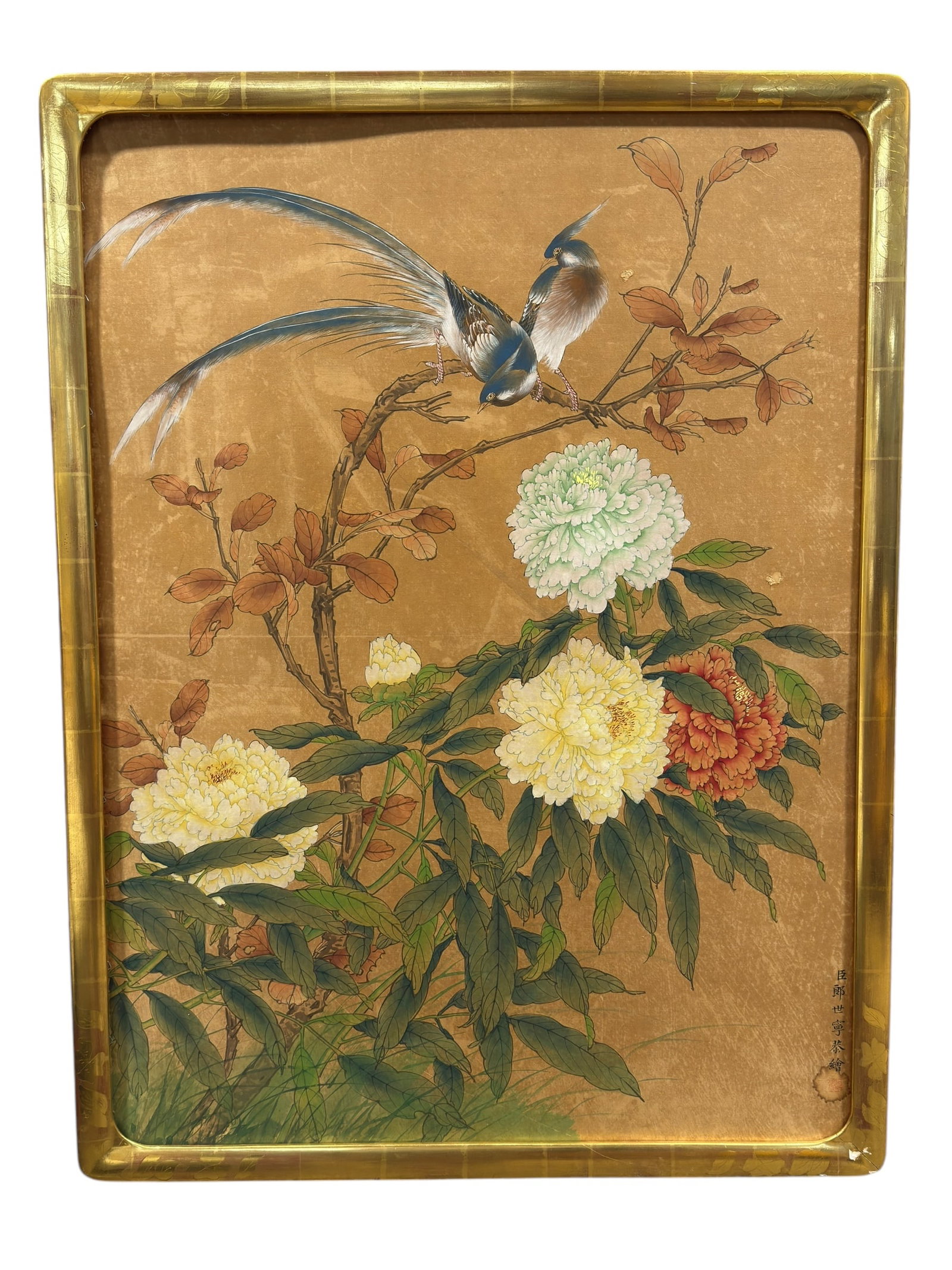 Bluebird & Herbaceous Peonies by Tai Ling Tempera Painting: Bluebird & Herbaceous Peonies by Tai Ling Tempera Painting. Label on the back of painting. Painting measures 38.5" x 28.25". Frame measures 41.25" x 31".
