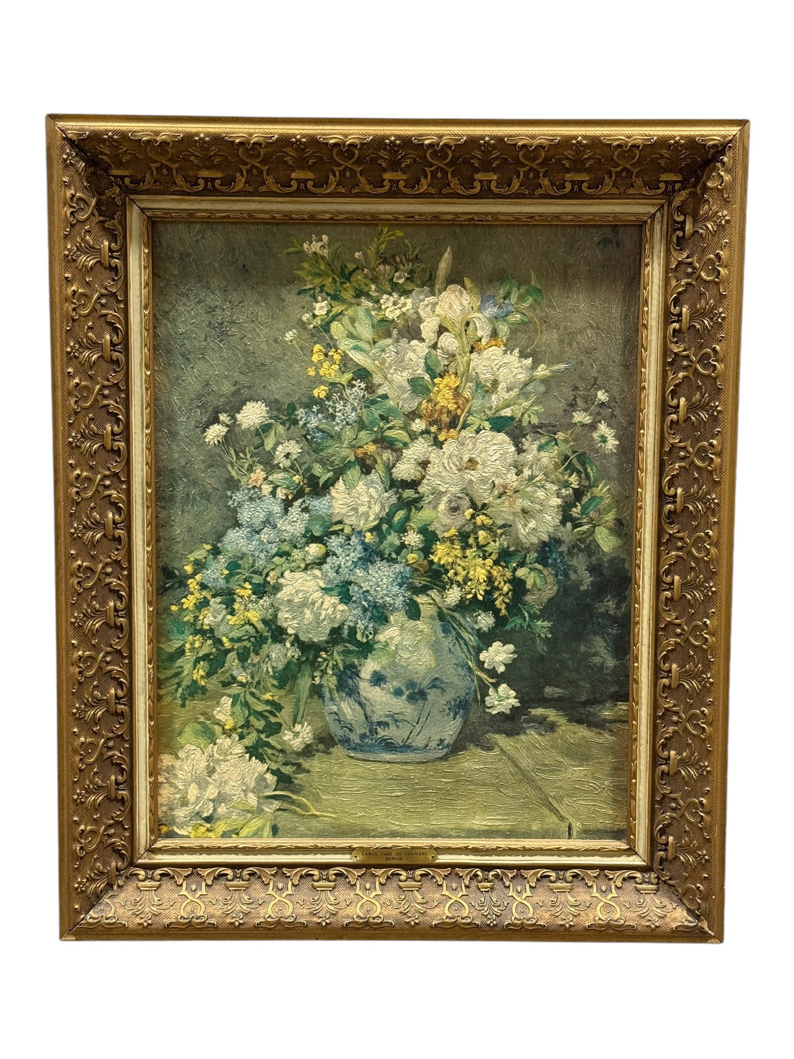 Renoir Art on Canvas "Large Vase of Flowers" Painting: Renoir Art on Canvas "Large Vase of Flowers" Painting. Name plate reads title and artist. Art measures 21.75" x 16.75". Frame measures 28.25" x 23.25".