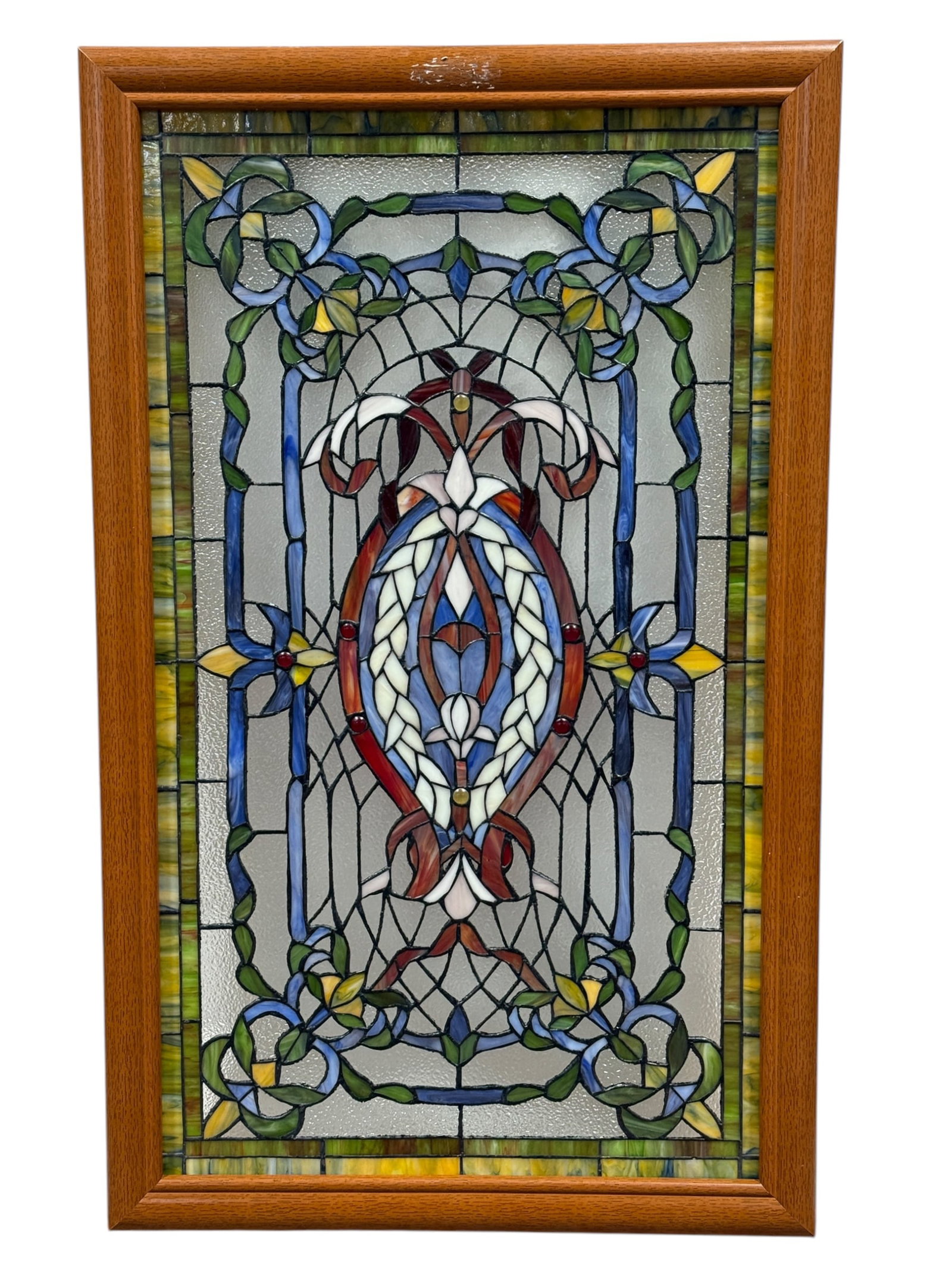 Framed Stained Glass Window: Framed Stained Glass Window. Overall measures 36.75" x 22.5".