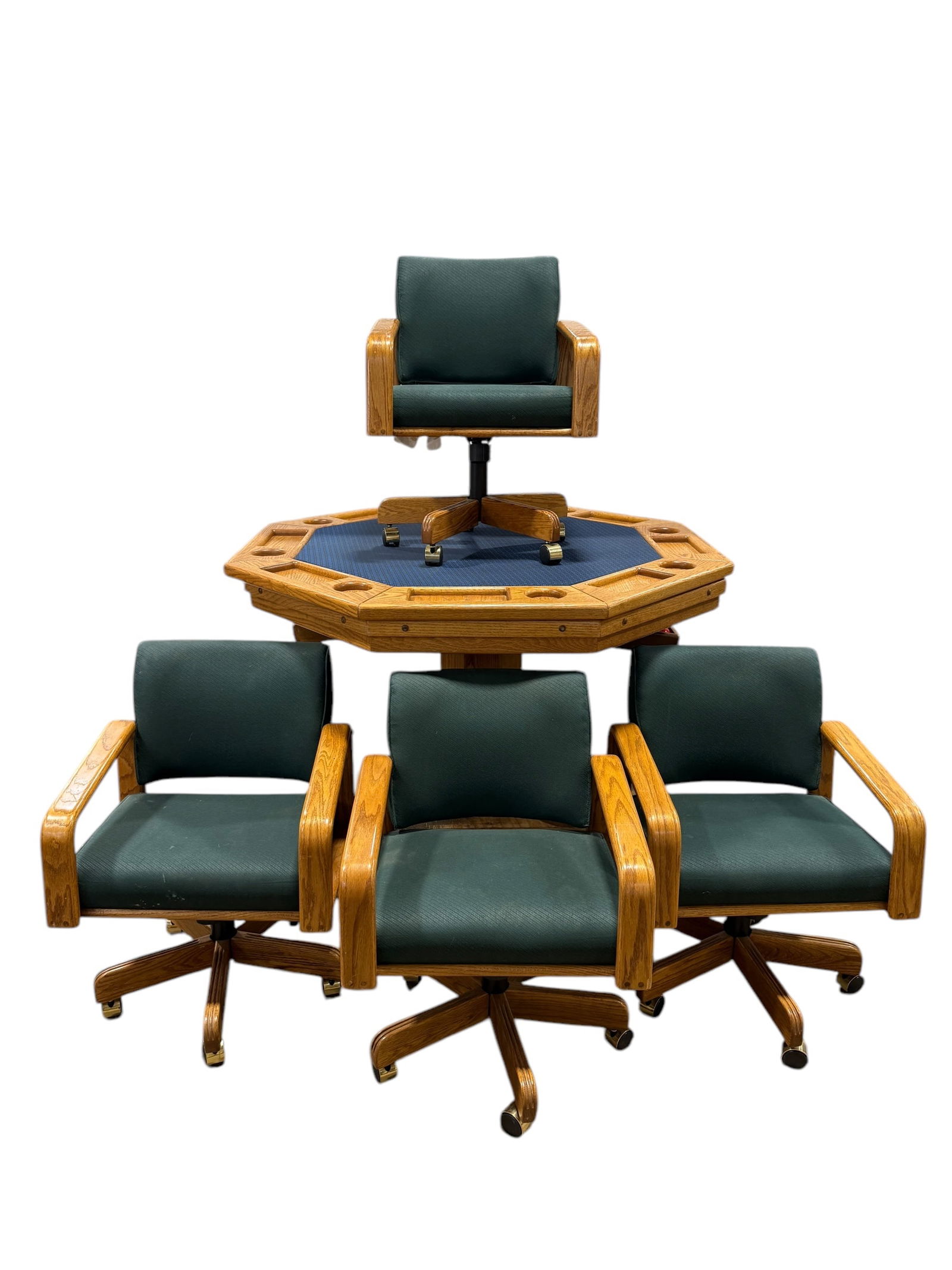 5Pc Oak Poker & Bumper Pool Game Table: 5Pc Oak Poker & Bumper Pool Game Table. Comes with 10 Balls. Table measures 28.75" H x 51.75" W x 51.75" D. Poker Game Table Top measures 53.75" x 53.75" and is removeable. Chairs measure 30.5" H x 23