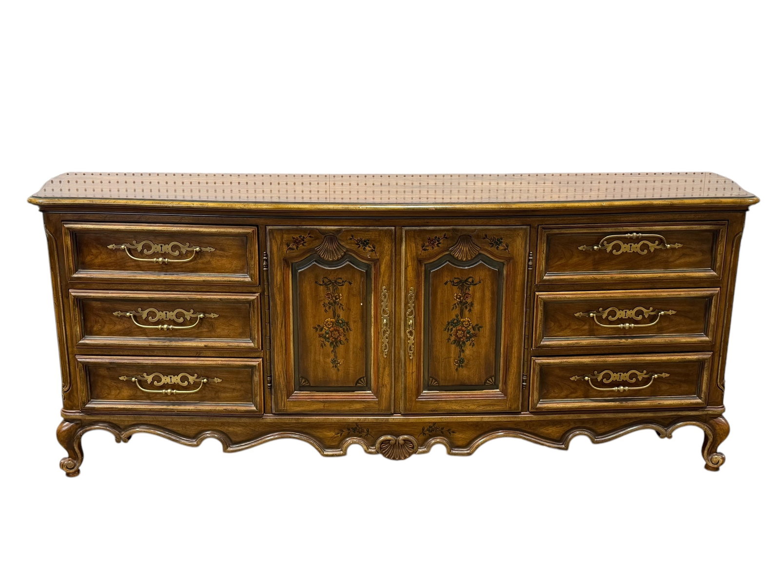 Drexel Brittany Collection Country French Dresser: Drexel Brittany Collection Country French Dresser. Label inside top left drawer and label on the back. Measures 31.25" H x 80" W x 21" D.