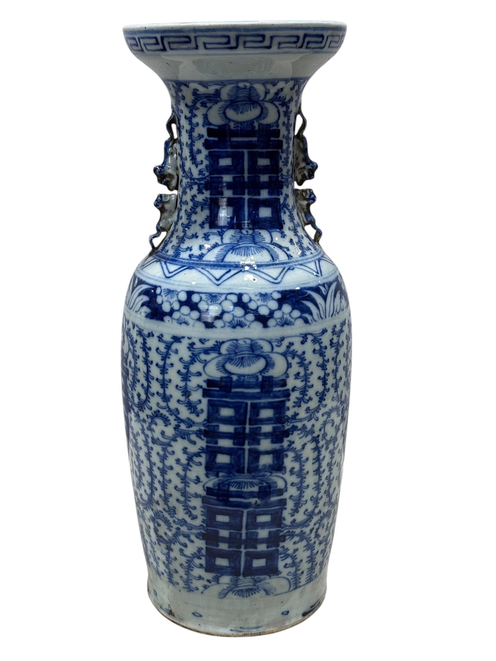 CA 1880 Ching Tall Temple Vase: CA 1880 Ching Tall Temple Vase. Double happiness design w/ necklace of lotus & vine draped over shoulder. Measures 22.75" Tall.