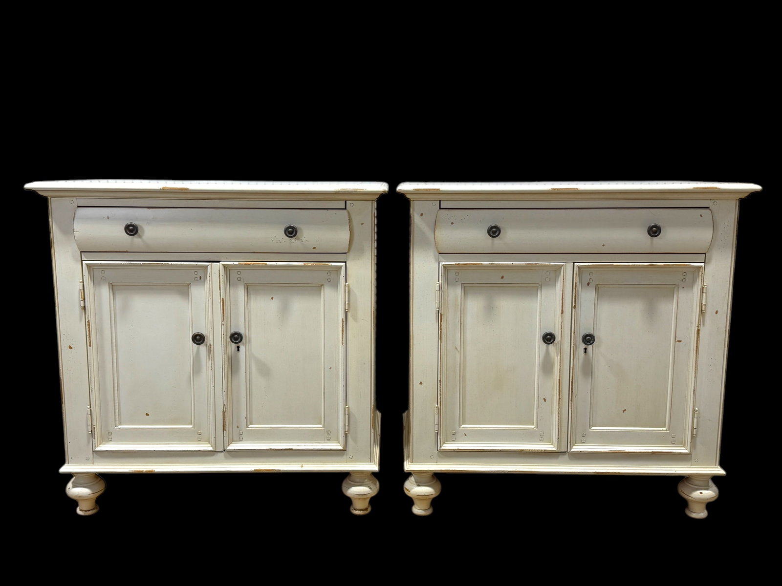 Pair of Drexel Pinehurst Collection Nightstands: Pair of Drexel Pinehurst Collection Nightstands. Label inside drawer and label on the back. Measures 34.25" H x 34" W x 18.5" D.
