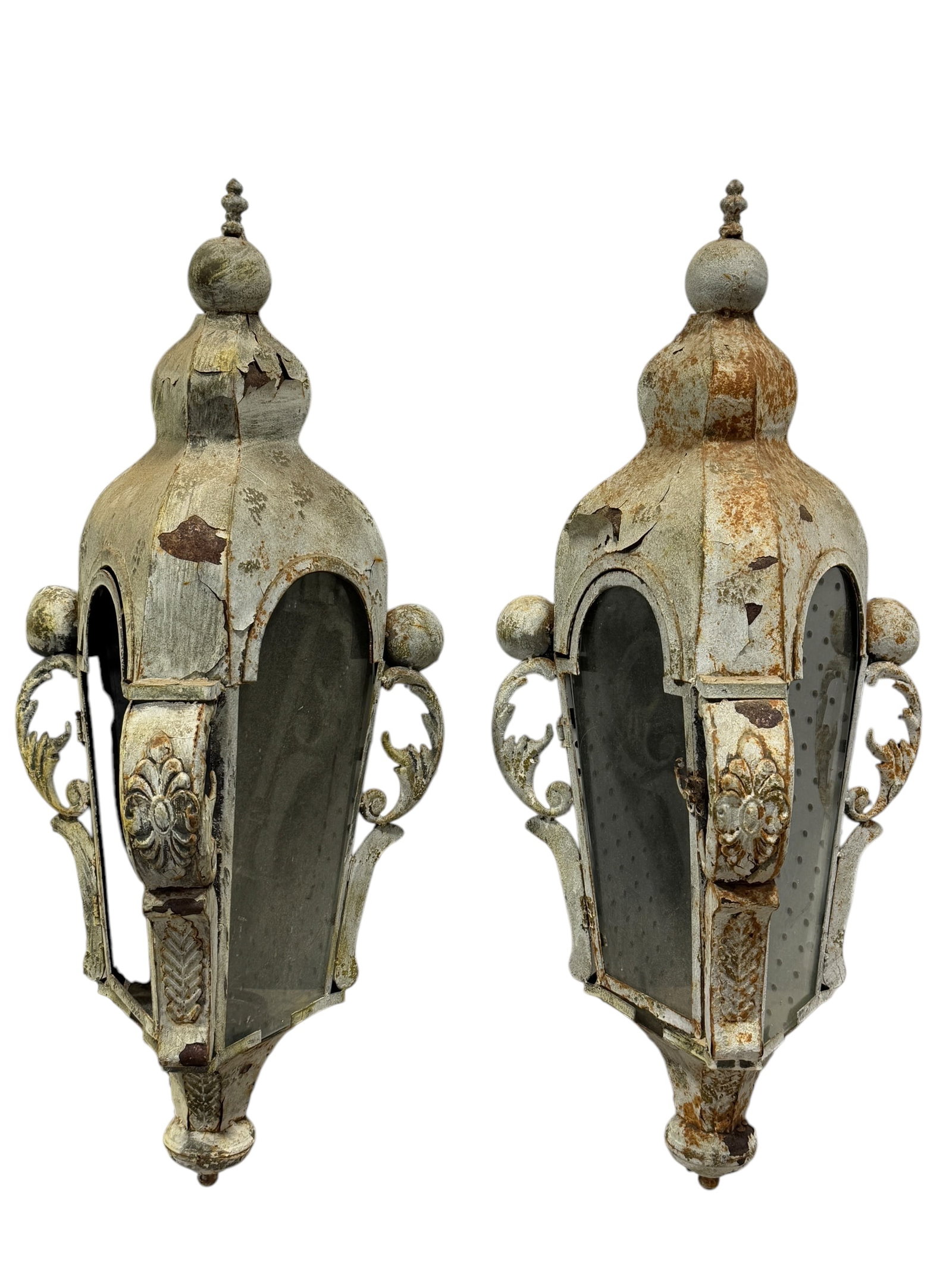 Pair of Vintage Metal Wall Hanging Lanterns: Pair of Vintage Metal Wall Hanging Lanterns. Measures approx. 33" H x 14.25" W x 12.25" D.