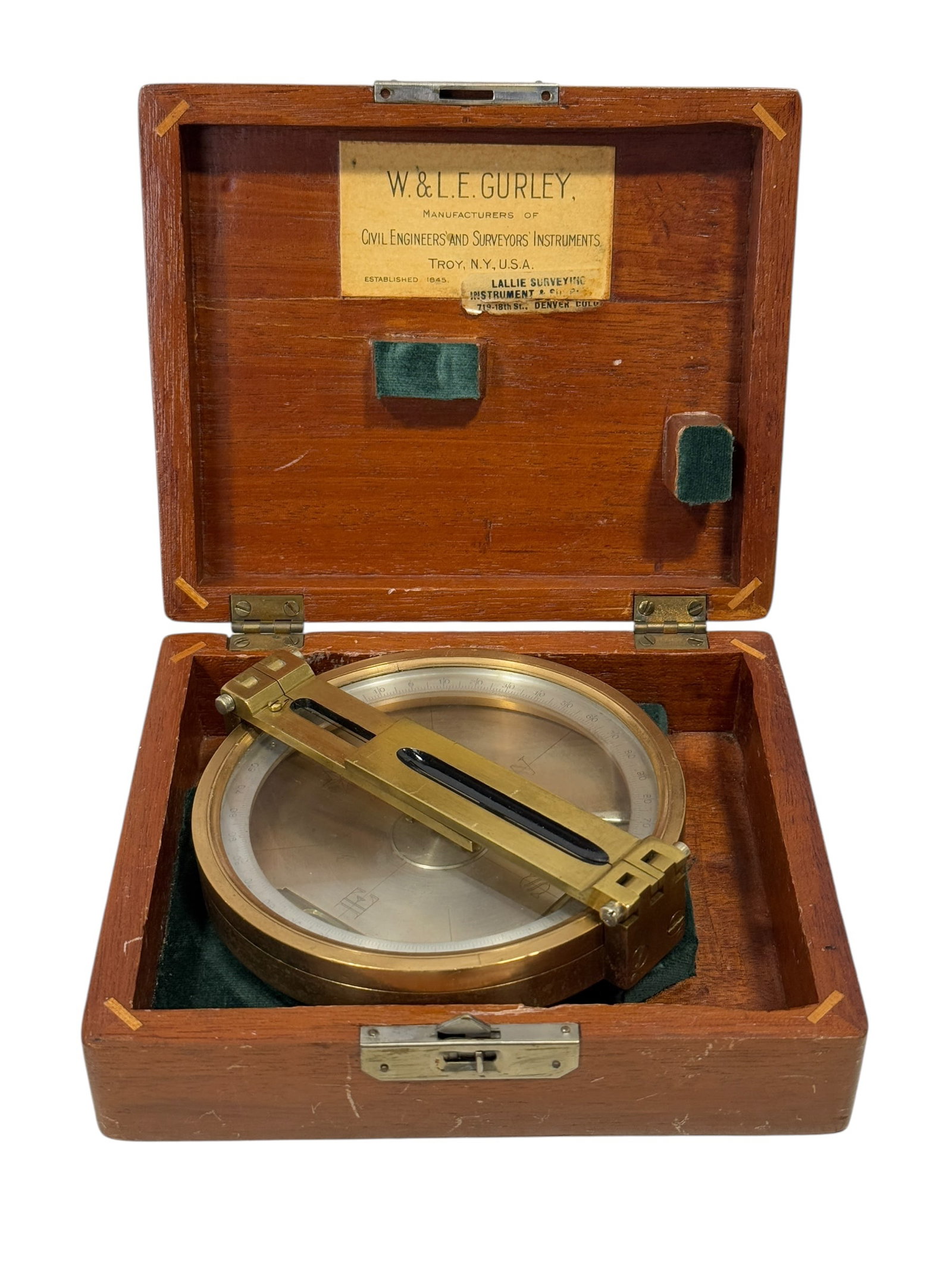 Vintage Brass Surveyor's Compass/Level & Case: Vintage Brass Surveyor's Compass/Level & Case. Measures 4" x 4.5" & the front is marked "W. & L. E. Gurley Troy, N.Y." The back is marked "Field Force G.L.O" & the inside of the case is labeled "W. & 