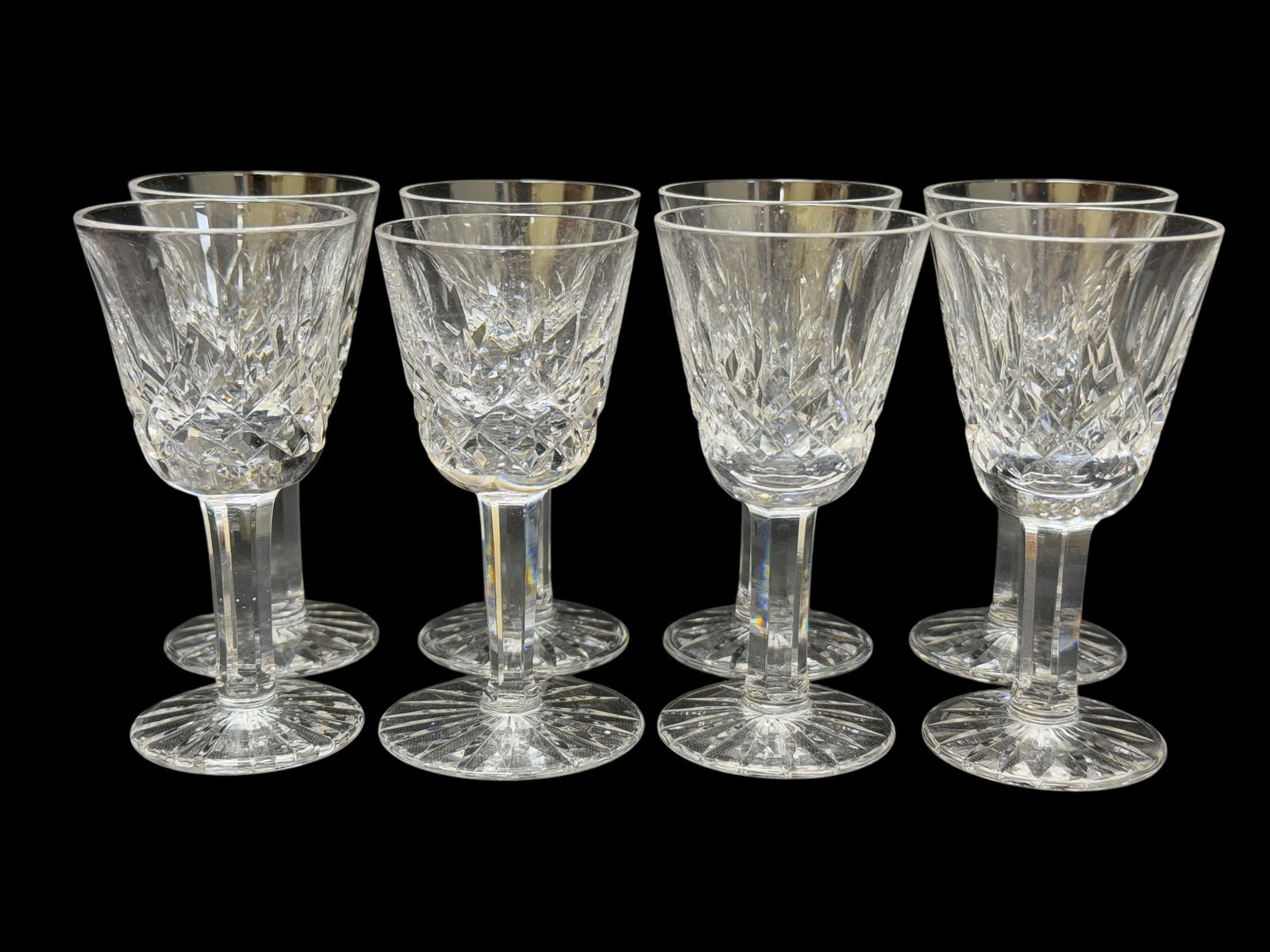 Set of 8 Waterford Crystal Lismore Cordial Glasses: Set of 8 Watford Crystal Lismore Cordial Glasses. Marked on the bottom of glasses but markings are starting to fade. Measures 3.5" Tall.