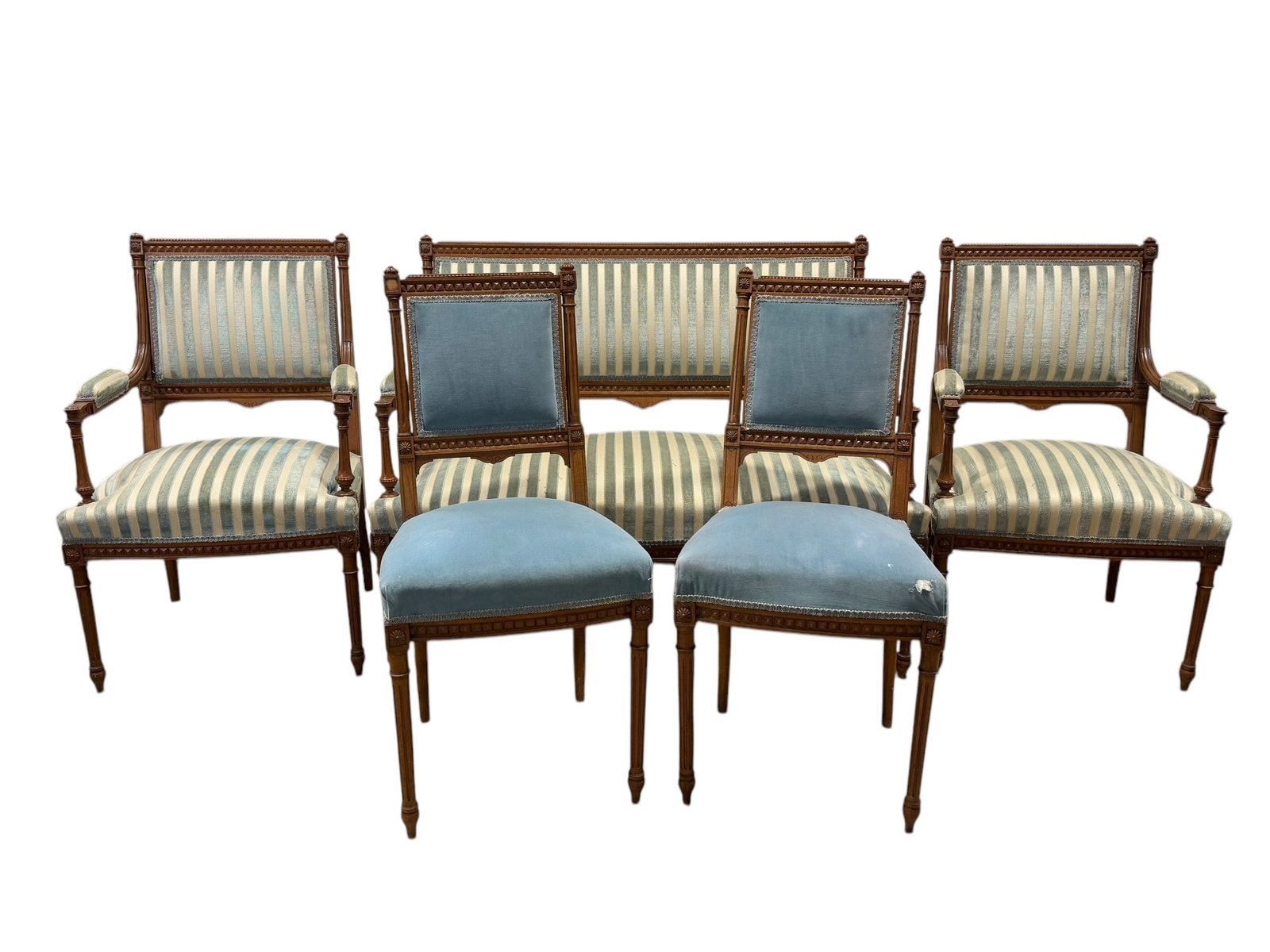 5Pc Antique Louis XVI Style Parlor Set: 5Pc Antique Louis XVI Style Parlor Set. Settee measures 35.5" H x 45.5" W x 26" D and seat height measures 18" H. Chairs measure 35.5" H and seat height measures 18" H.
