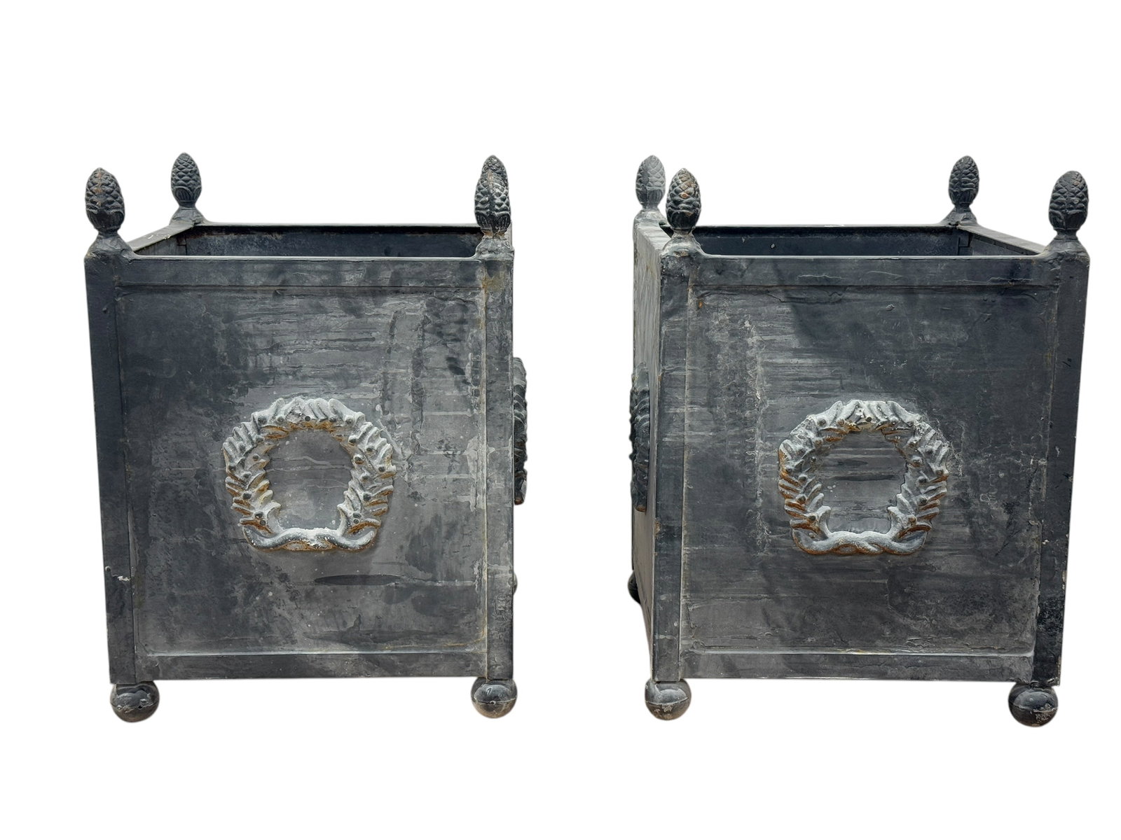 Pair of Metal Outdoor Square Planters: Pair of Metal Outdoor Square Planters. Measures 22.5" H x 16.5" W x 16.5" D.