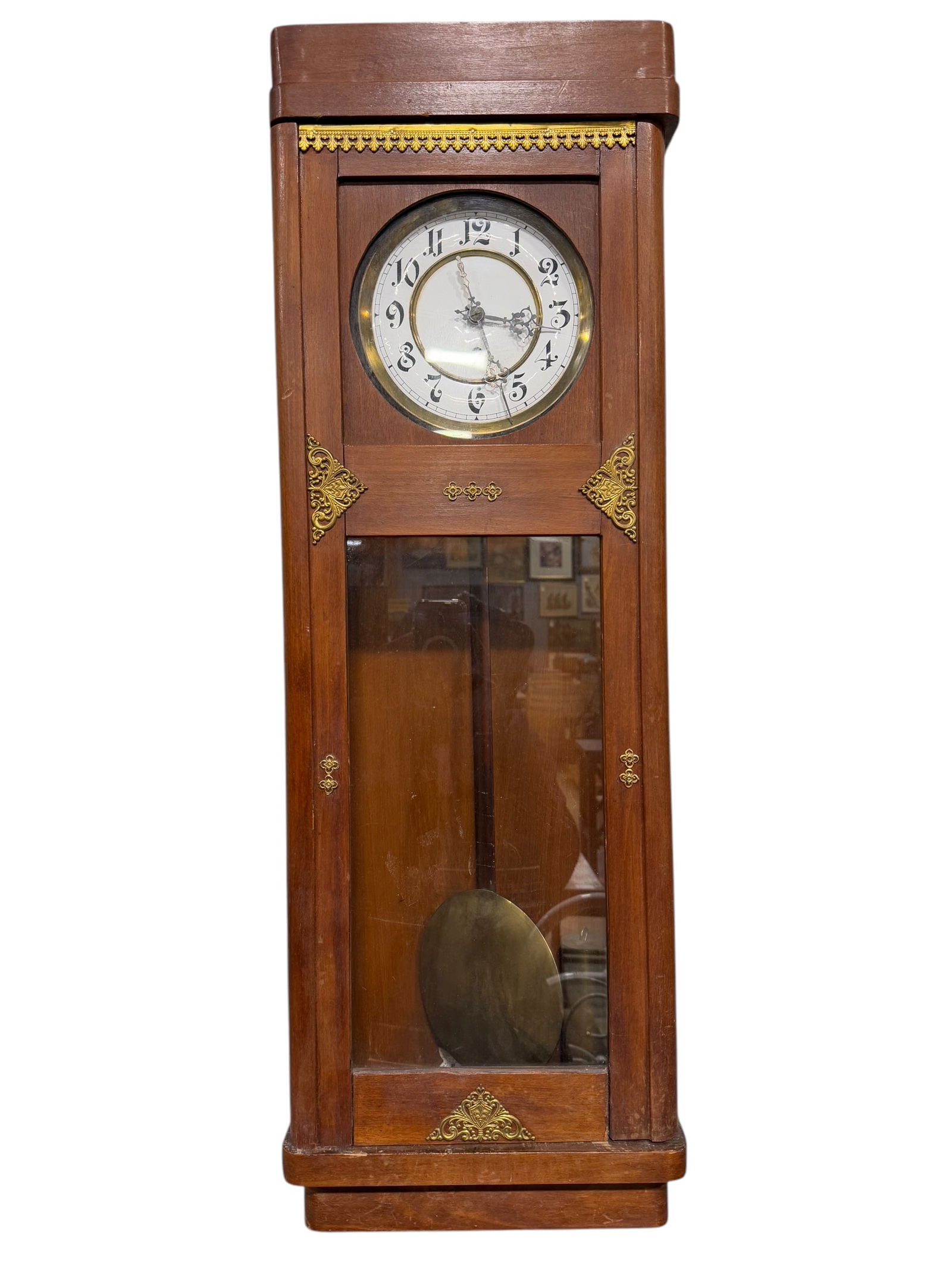 Pine Wall Clock w/ Brass Accents: Pine Wall Clock w/ Brass Accents. Measures 35.5" H x 12" W x 5.25" D.