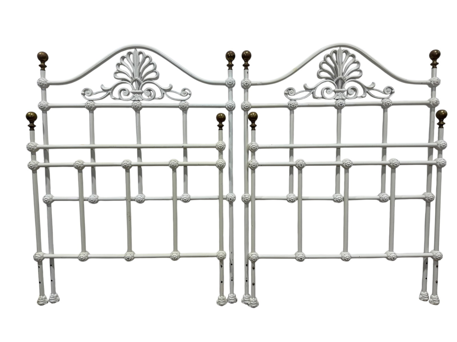 Pair of White & Brass Metal Twin Beds: Pair of White & Brass Metal Twin Beds. No rails. Headboards measure 52" H x 39.5" W.