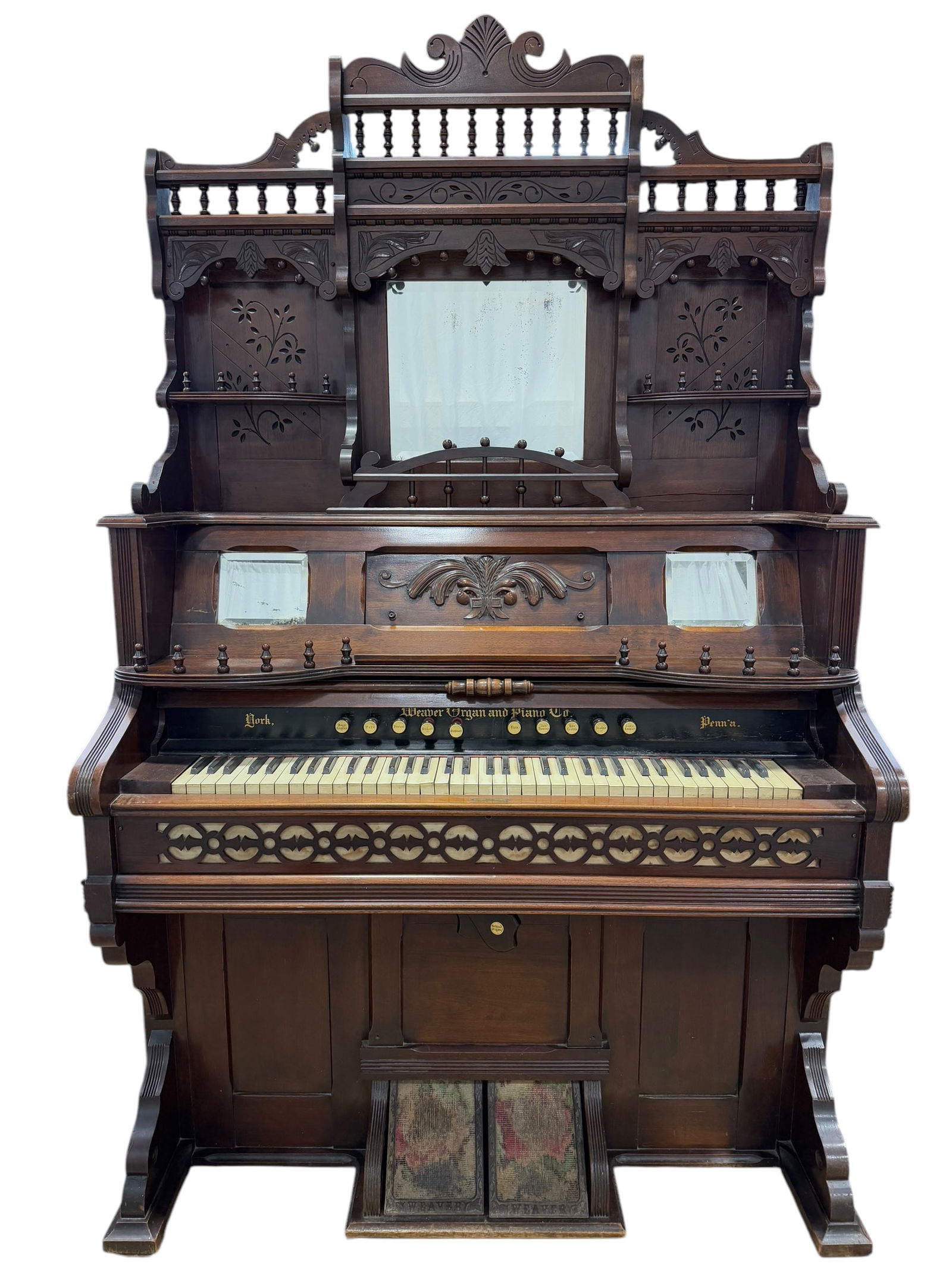 Antique Oak Weaver Organ & Piano Co. Pump Organ: Antique Oak Weaver Organ & Piano Co. Pump Organ. Meeasures approx. 82" H x 54.75" W x 23.5" D.