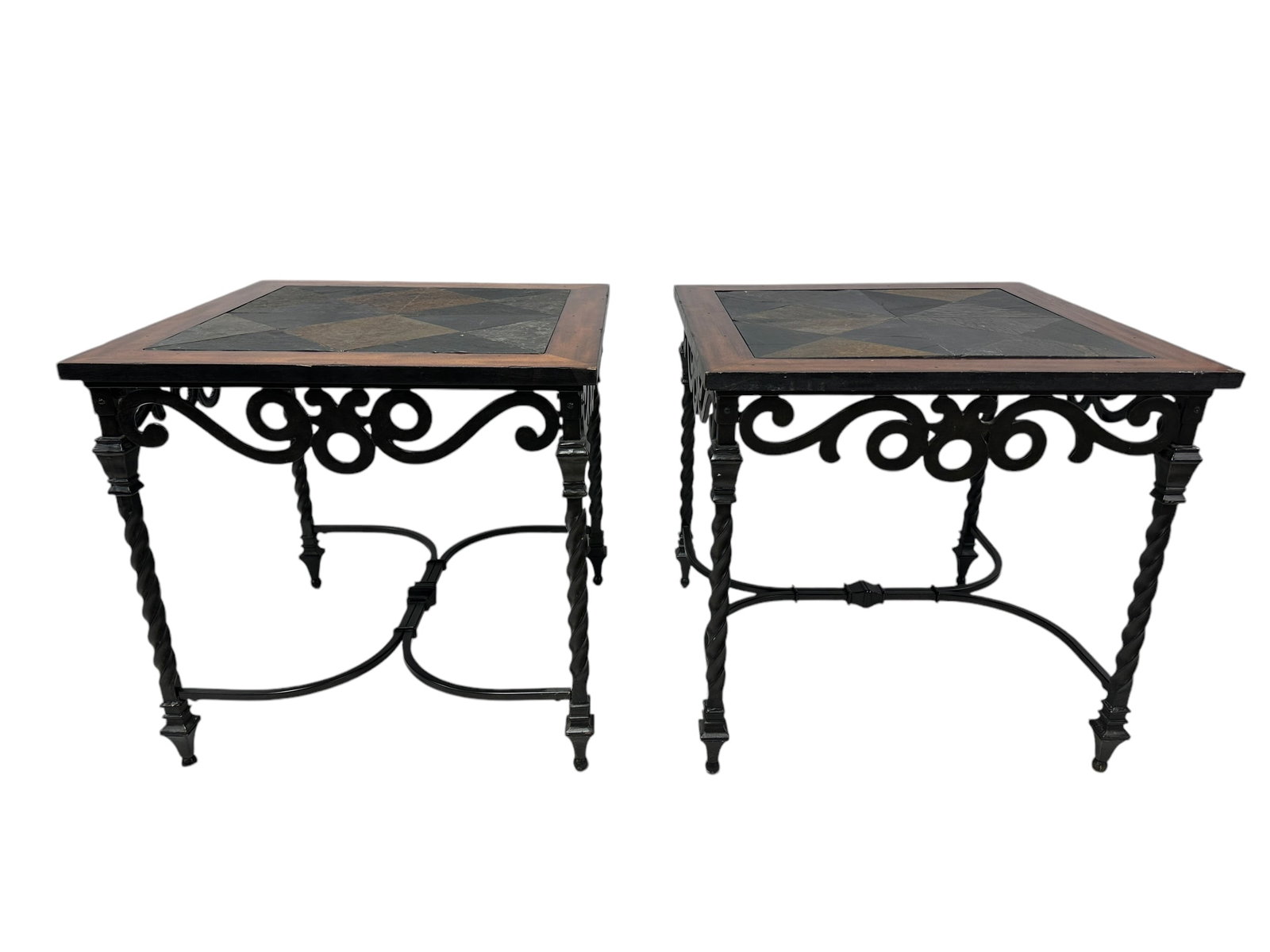 Pair of Wood & Slate Top Side Tables w/ Iron Base: Pair of Wood & Slate Top Side Tables w/ Iron Base. Measures 27" H x 28" W x 28" D.