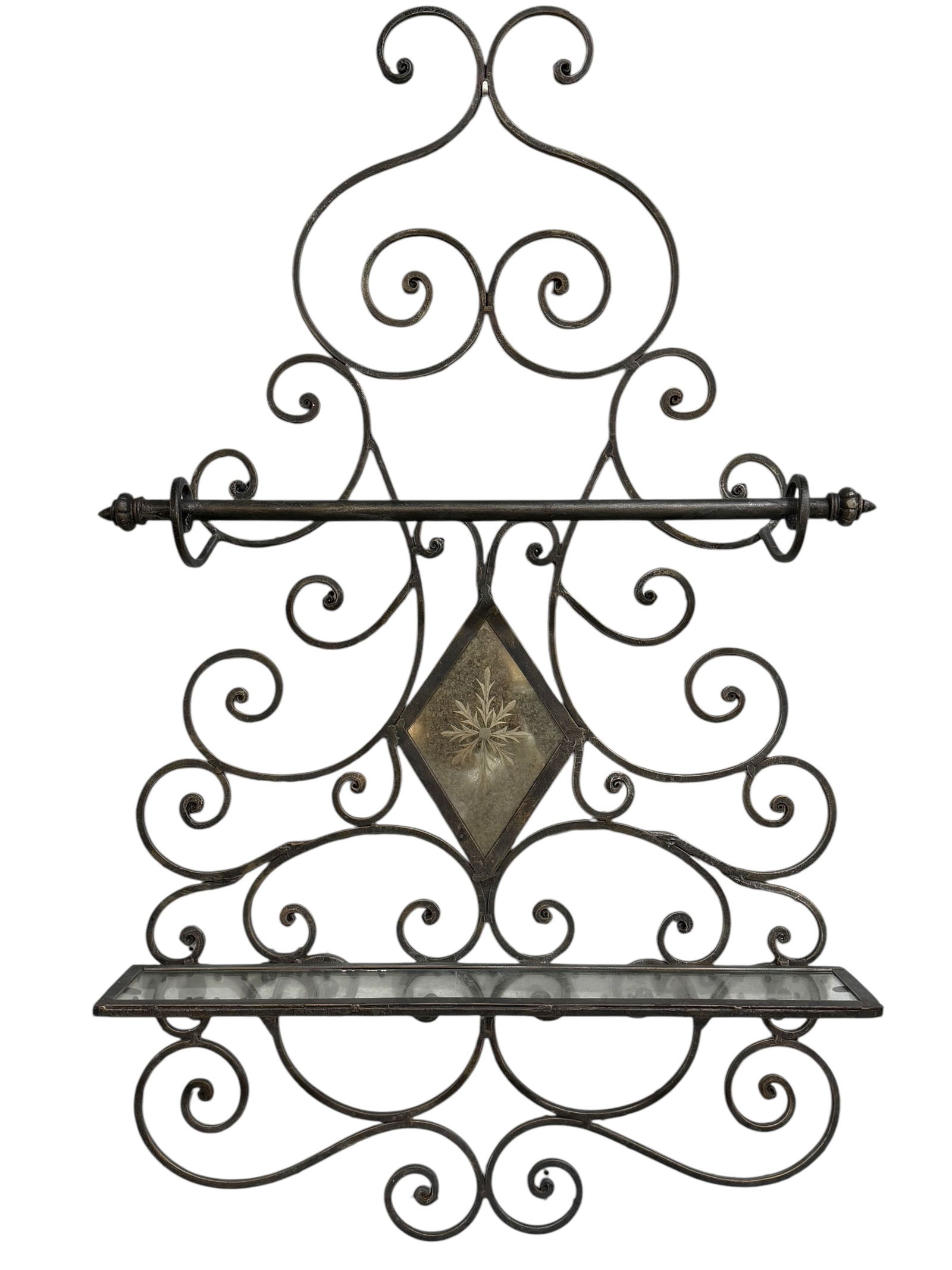 Uttermost Wall Hanging Iron Hand Towel Rack w/ Shelf: Uttermost Wall Hanging Iron Hand Towel Rack w/ Shelf. Measures 44" x 25.5".