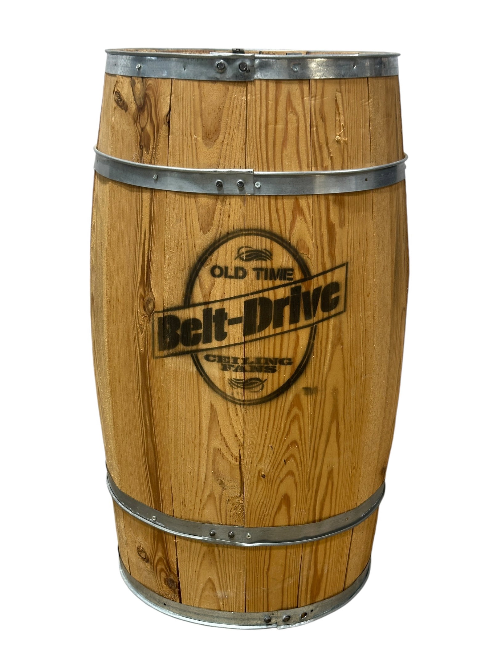 "Old Time Belt-Drive" Wood Keg: "Old Time Belt-Drive" Wood Keg. Measures 30" Tall.