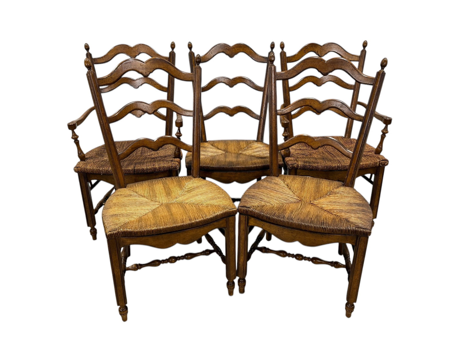 Set of 5 Dining Ladder Back Chairs w/ Rush Seats: Set of 5 Dining Ladder Back Chairs w/ Rush Seats. Measures 40" H and seat height measures 18" H.