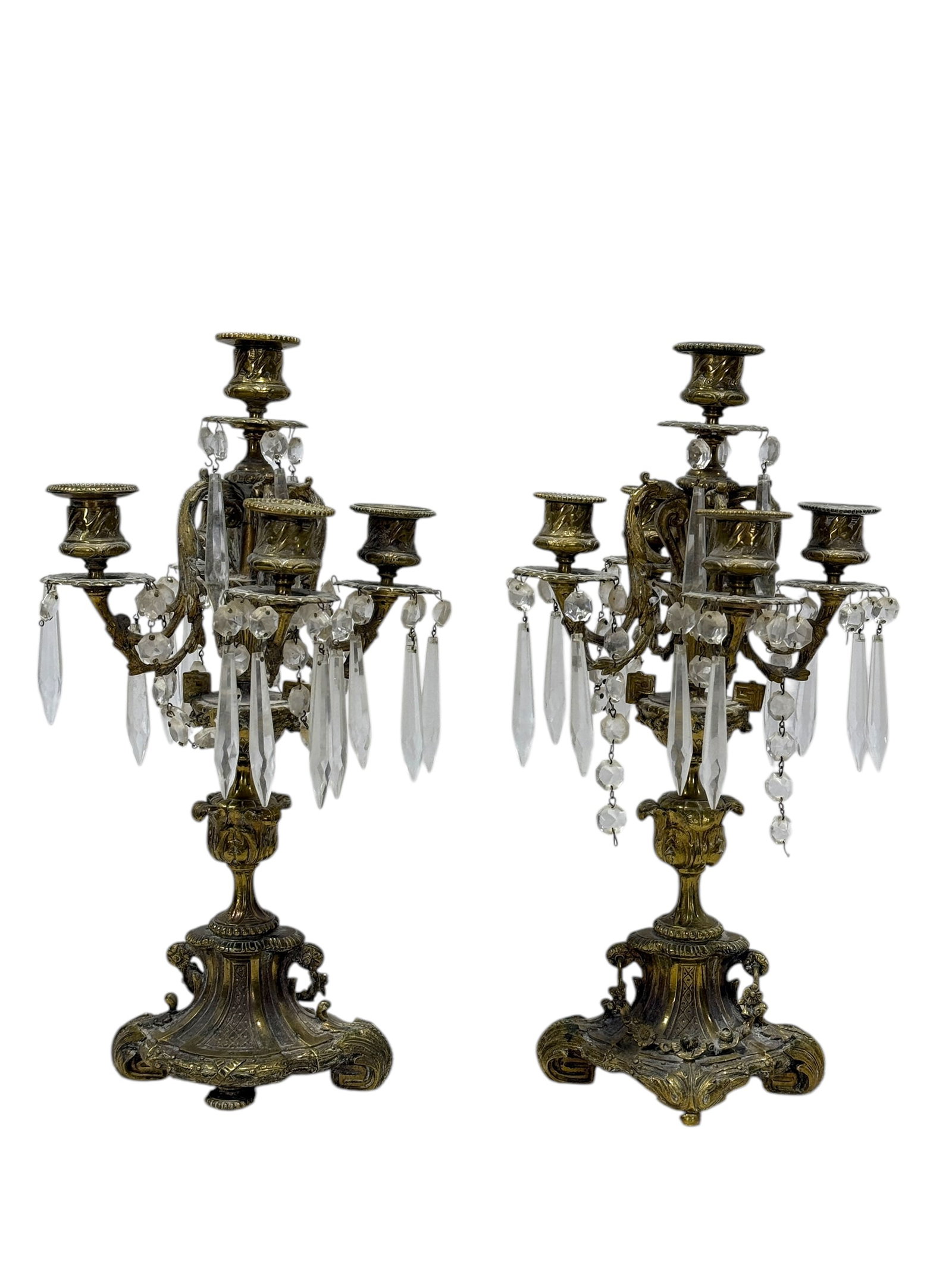 Pair of Vintage Brass Candelabras: Pair of Vintage Brass Candelabras. Measures 16" H x 8" W x 8" D.