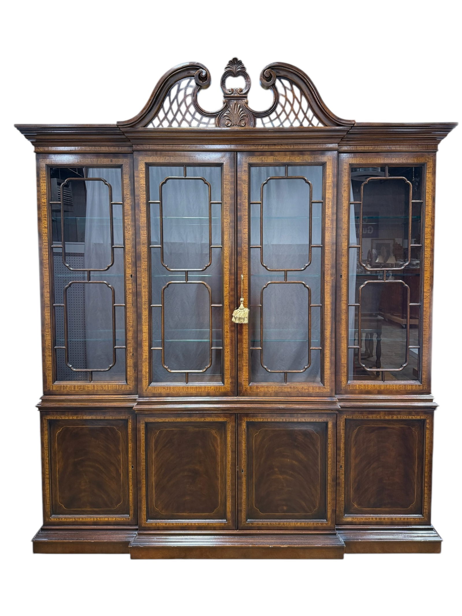 Drexel Heritage Flame Mahogany Inlaid Breakfront: Drexel Heritage Flame Mahogany Inlaid Breakfront. Measures 91.25" H x 79" W x 17.5" D.