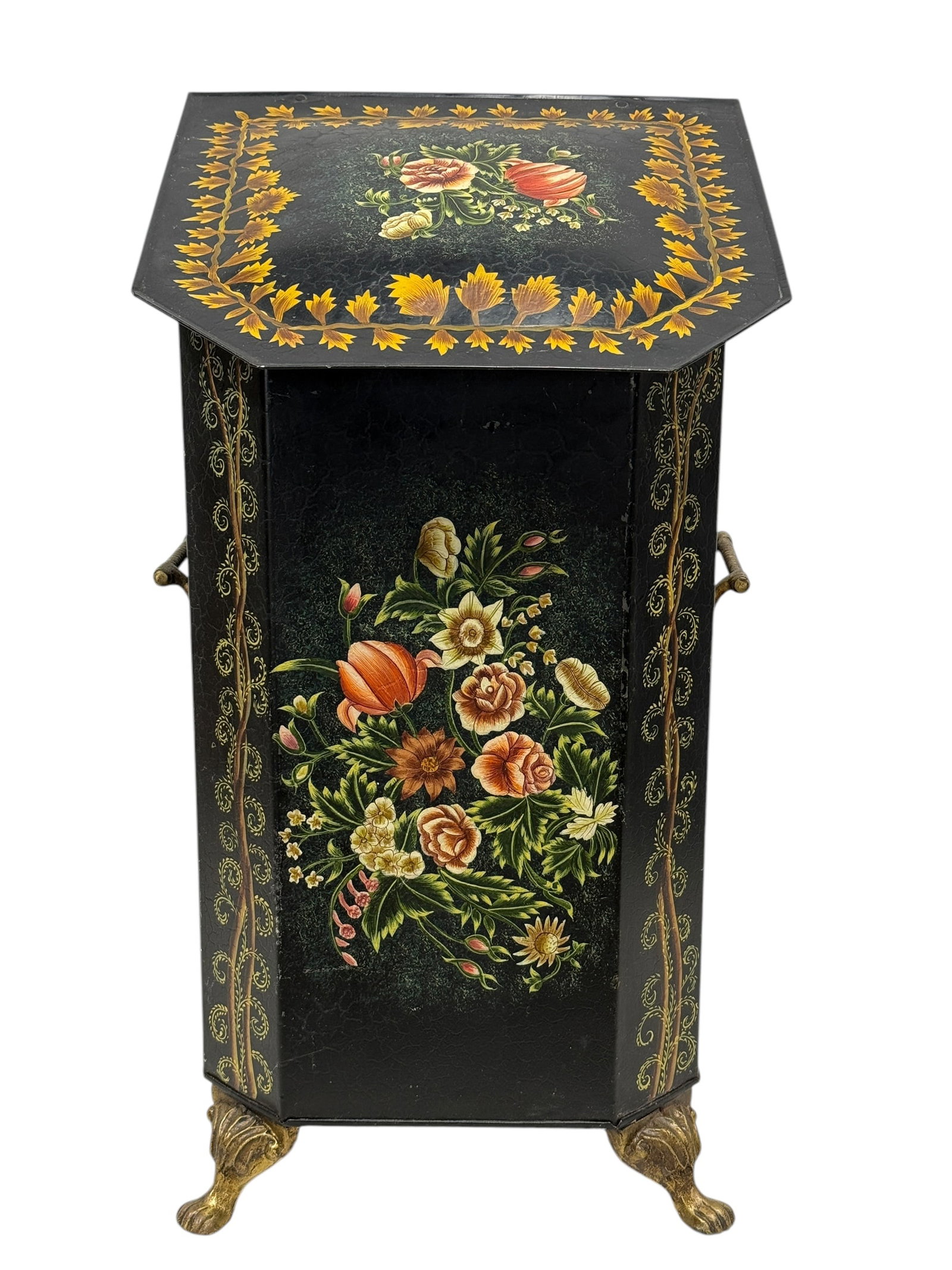 Toleware Painted Coal Scuttle Bin w/ Brass Feet: Toleware Painted Coal Scuttle Bin w/ Brass Feet. Measures 23.25" H x 12.75" W x 12" D.
