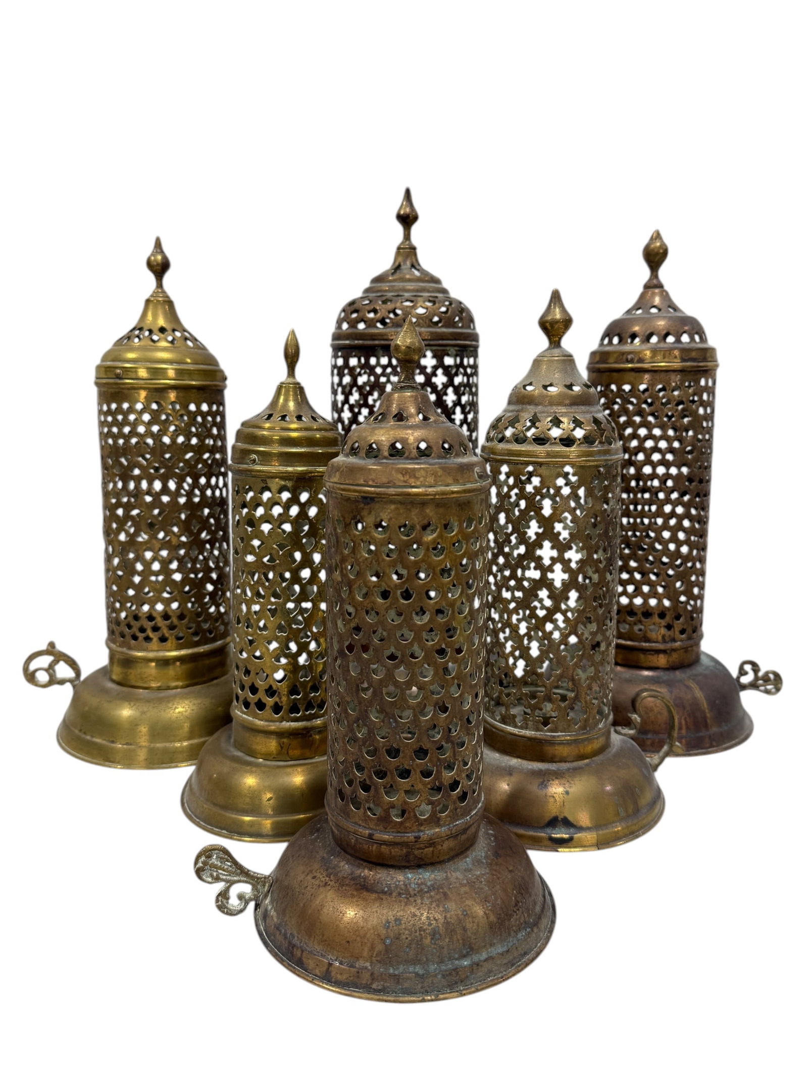 Group of 6 Vintage Brass Candle Lanterns: Group of 6 Vintage Brass Candle Lanterns. Measurements range from 11" Tall - 15" Tall.
