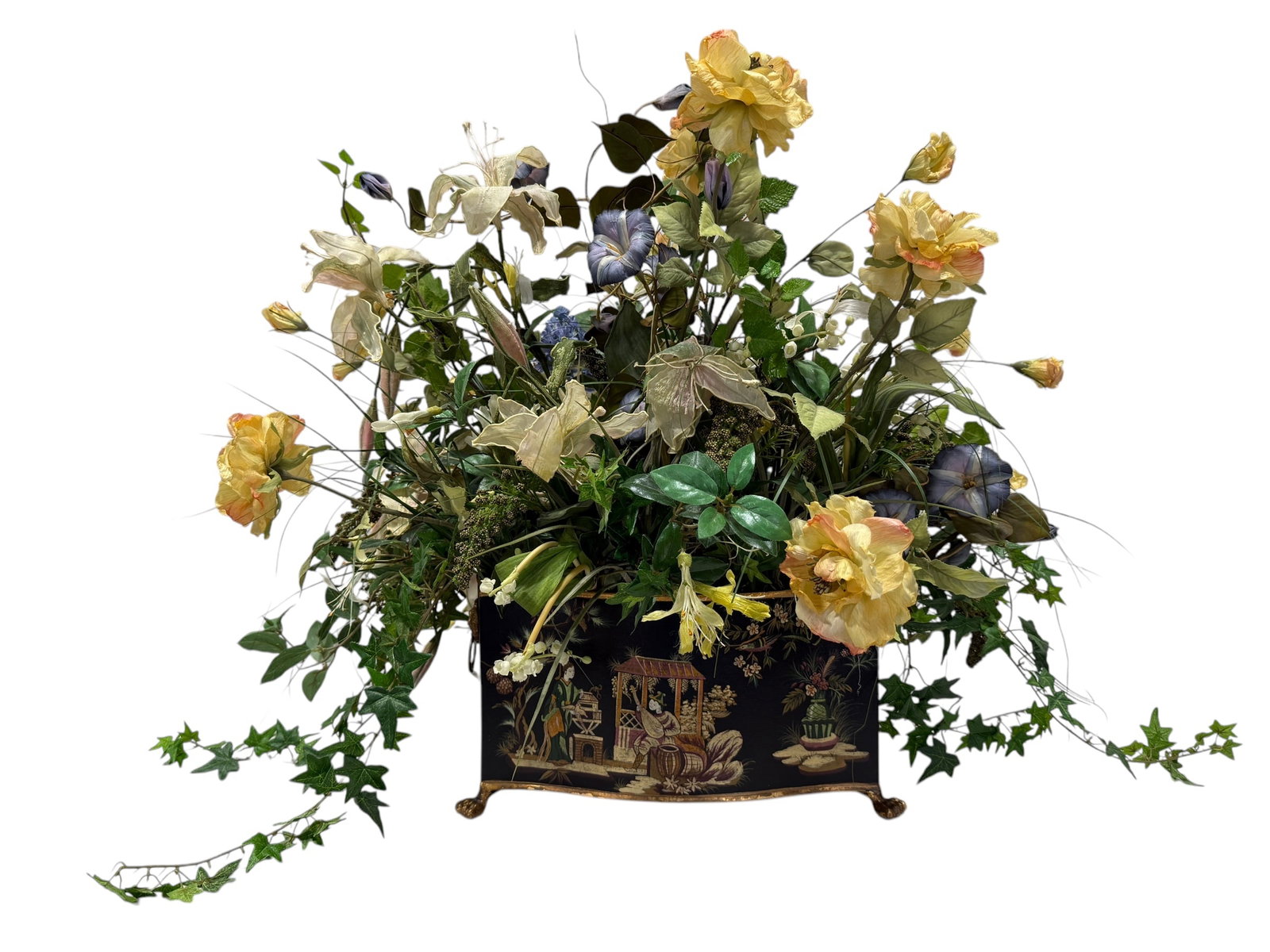 Hand Painted Metal Planter w/ Faux Plants: Hand Painted Metal Planter w/ Faux Plants. Planter measures 7.75" H x 15.5" W x 8" D.