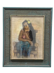 Signed Indonesian Chalk Art Portrait of Girl