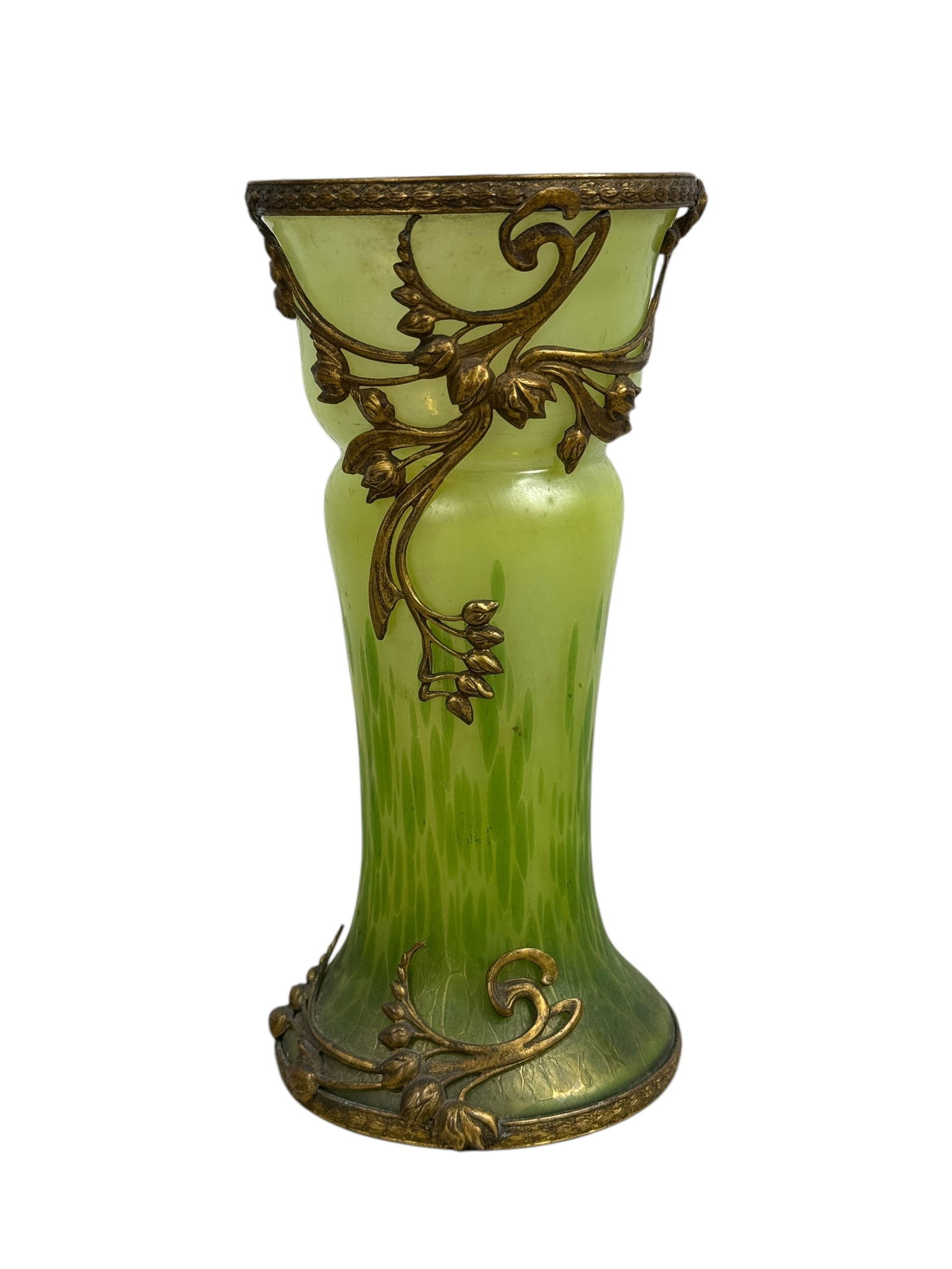 Loetz Art Nouveau Vase w/ Gilt Mounts: Loetz Art Nouveau Vase w/ Gilt Mounts. Measures 6.5" Tall.